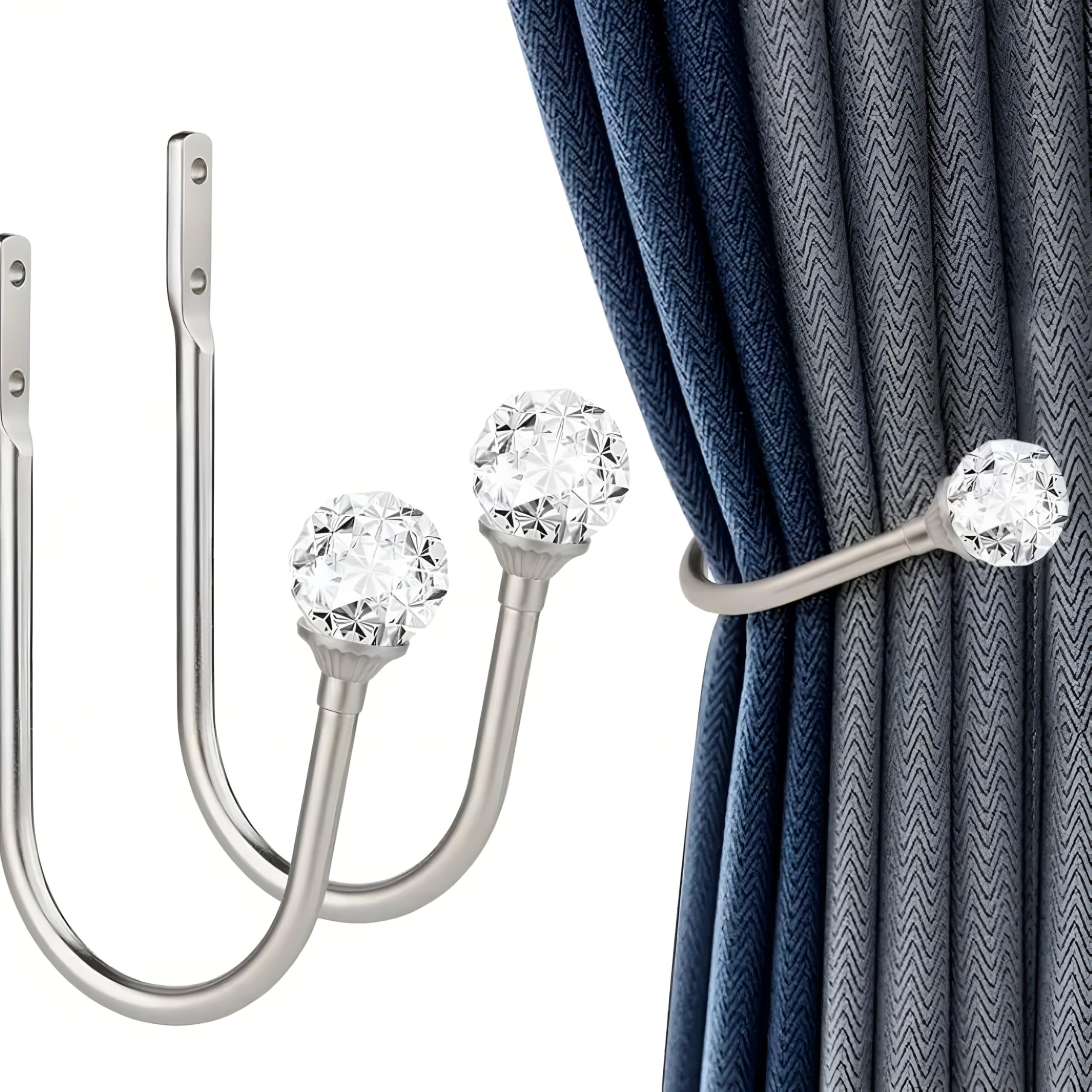 Ntek Silver 2Pcs Crystal Curtain Holdbacks—U-Shaped Metal Tieback Hooks With Crystal Ball—Wall-Mounted Drapery Holdback Arms For Curtains, Voile, Showers & Towels (Silver)