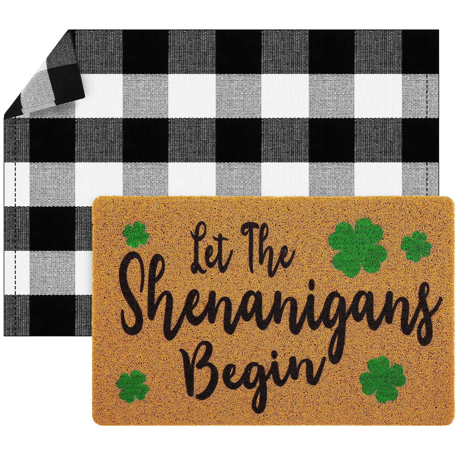 Fabbay 2 Pcs St. Patrick's Day Door Mat Shamrock Clover Welcome Outdoor Mats Layered Buffalo Plaid Rug for Front Door Porch Indoor Irish Entryway