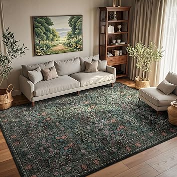 Dark Moody Floral Area Rug - 6x9 Washable Living Room Rug