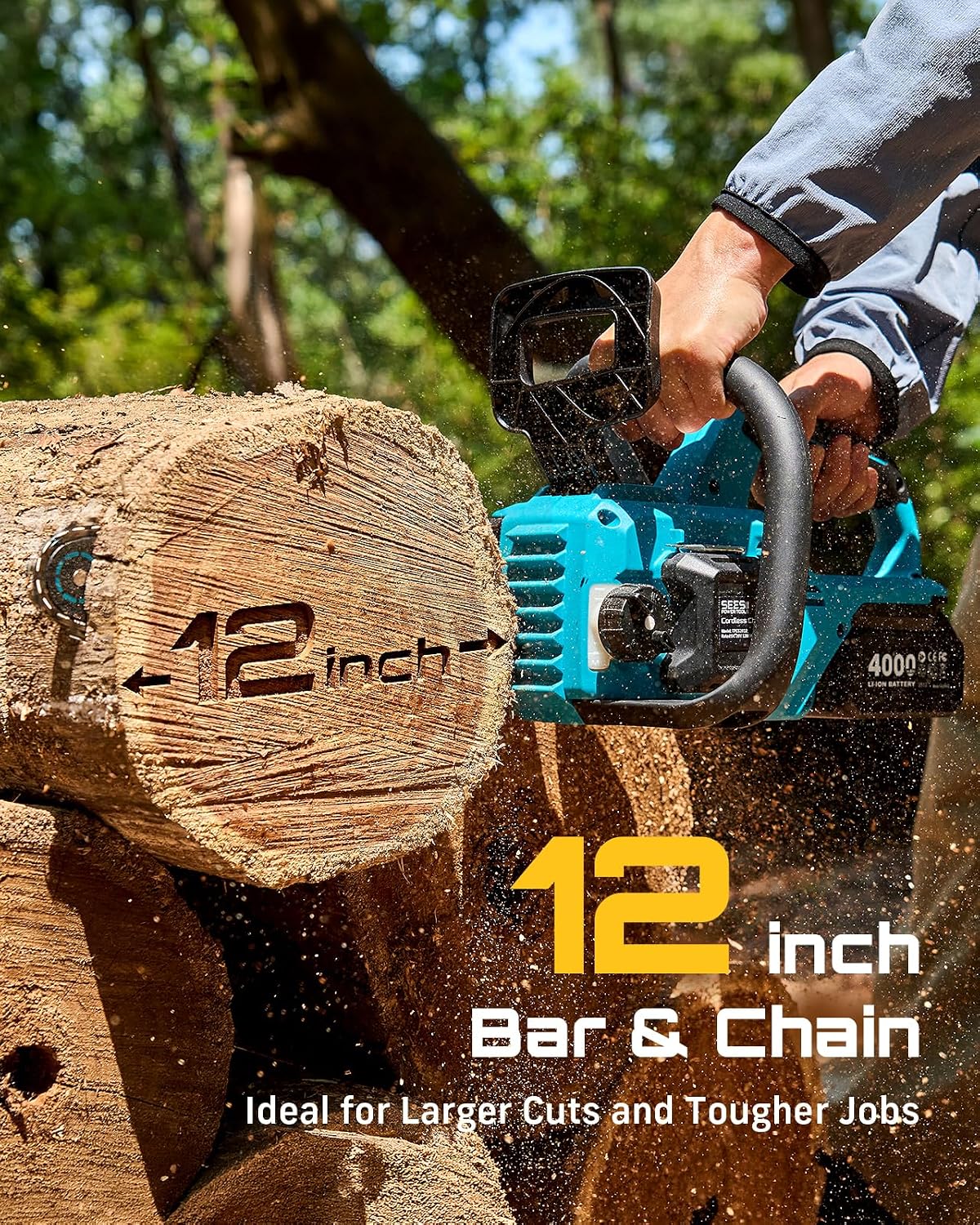 Image showing the SEESII 12-inch Cordless Battery Chainsaw in use, highlighting its powerful brushless motor with specifications like 1200W power, 5000 RPM speed, and 39 ft/s chain speed.
