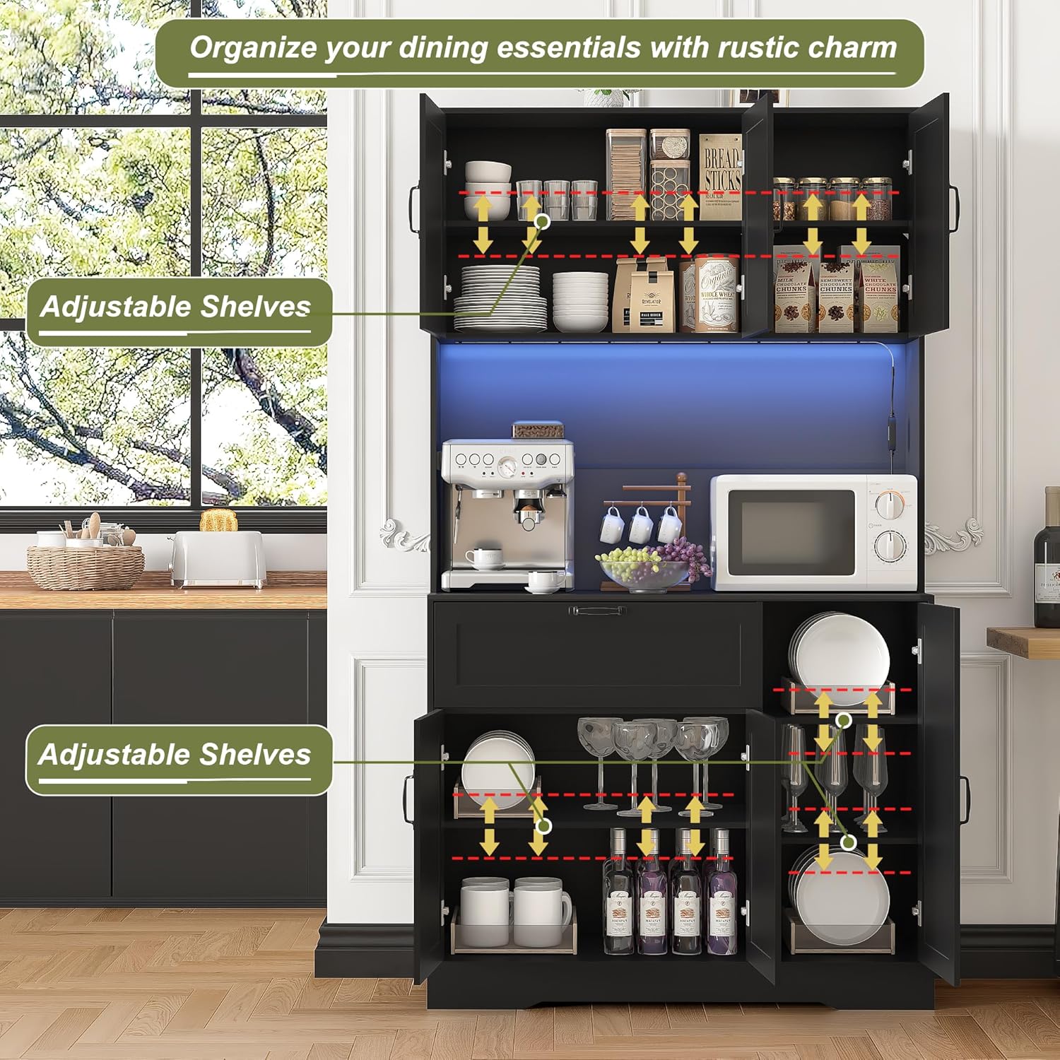 71" Kitchen Pantry Cabinets with Hutch - Freestanding Pantry Cabinet with Drawer, Adjustable Shelves, LED Light & Power Outlets for Kitchen, Dining Room, Living Room (Black)