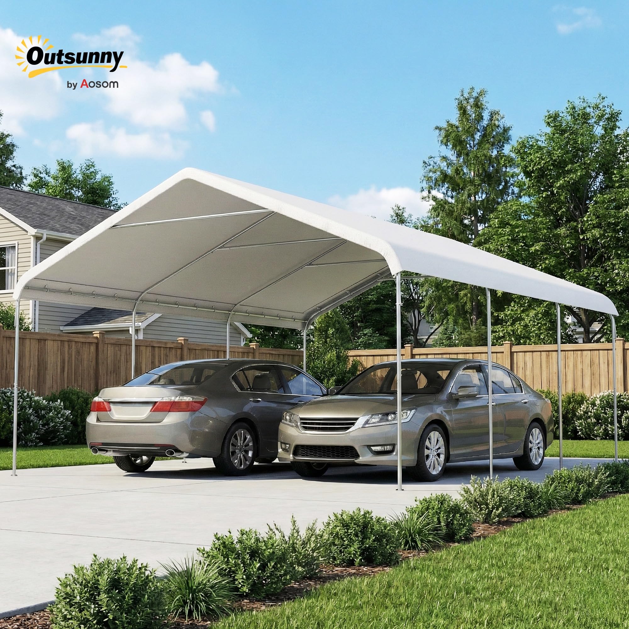 Outsunny Carpa Garaje Portátil 5x6 m Impermeable para Coche Blanco Crema | Estructura de Acero Galvanizado, Toldo Resistente Anti-UV, Garaje Exterior, Cobertizo para Herramientas de Jardín