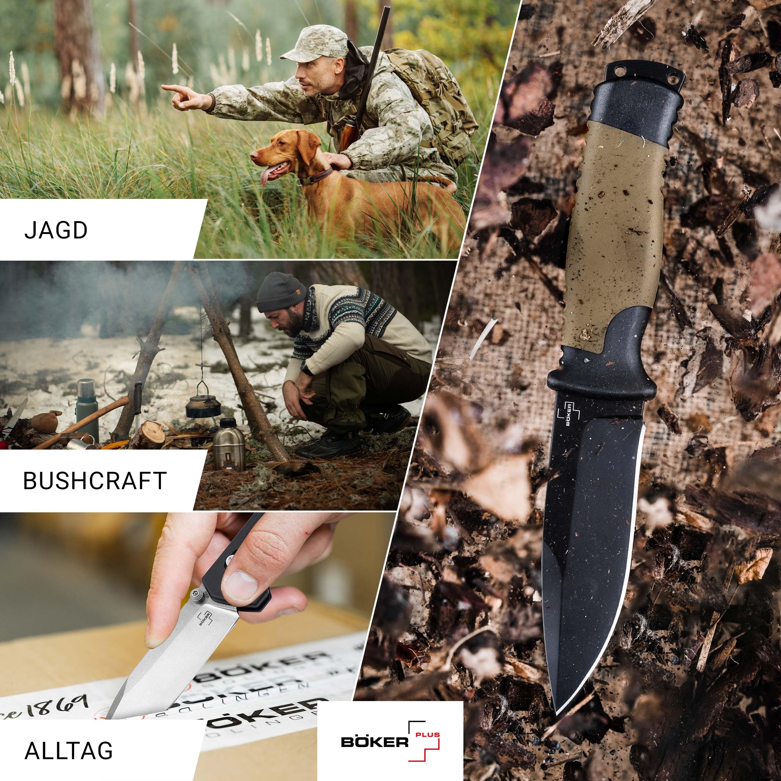 BÖKER PLUS® Desertman - feststehendes Fahrtenmesser mit 11,5 cm schwarzer Sandvik Klinge - Spearpoint Outdoor-Messer mit GFK & TPR Griff in KU-Scheide für Pfadfinder