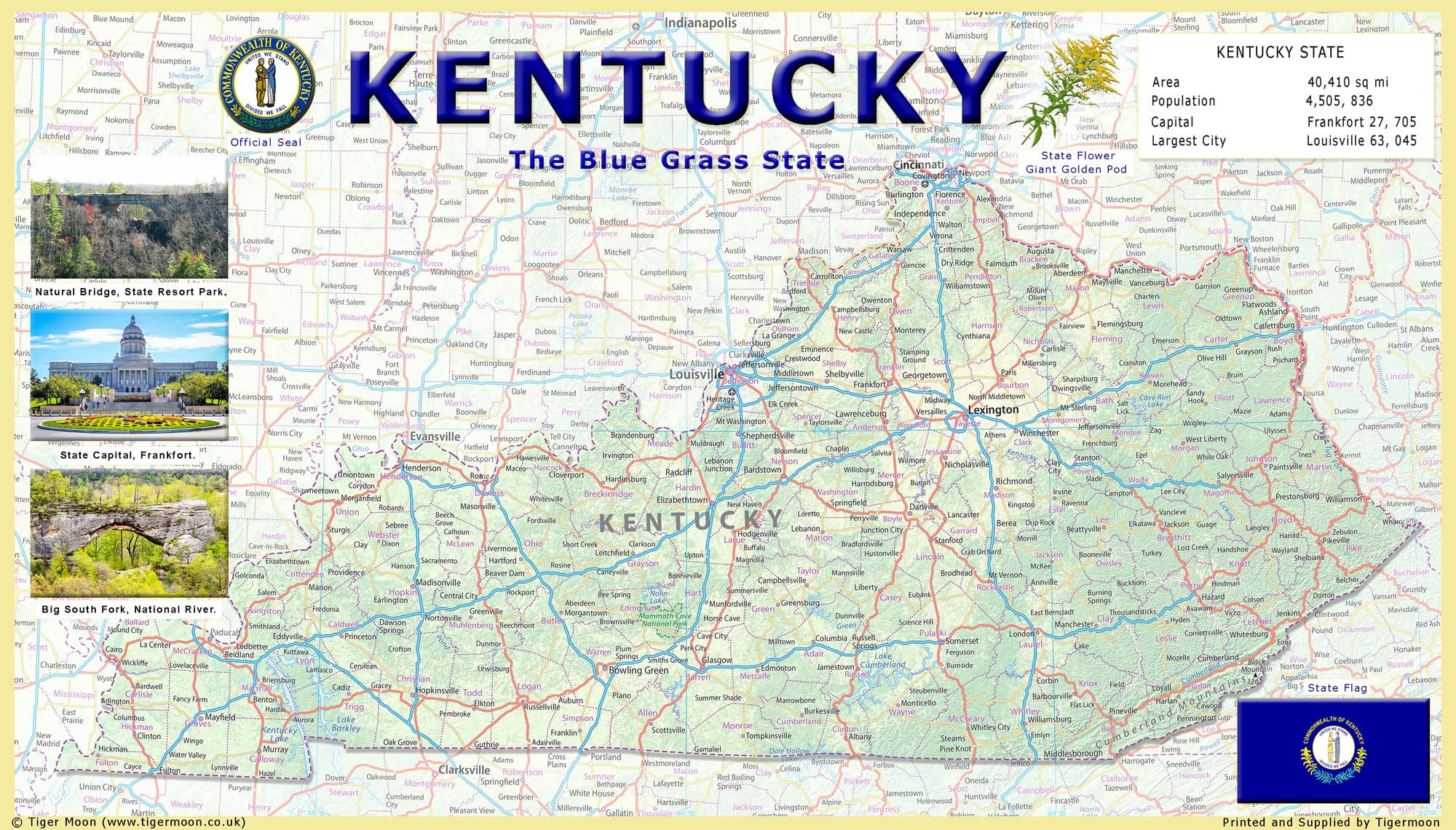 Kentucky State Physical Map - 23.3 x 13.3 Inches - Paper Laminated