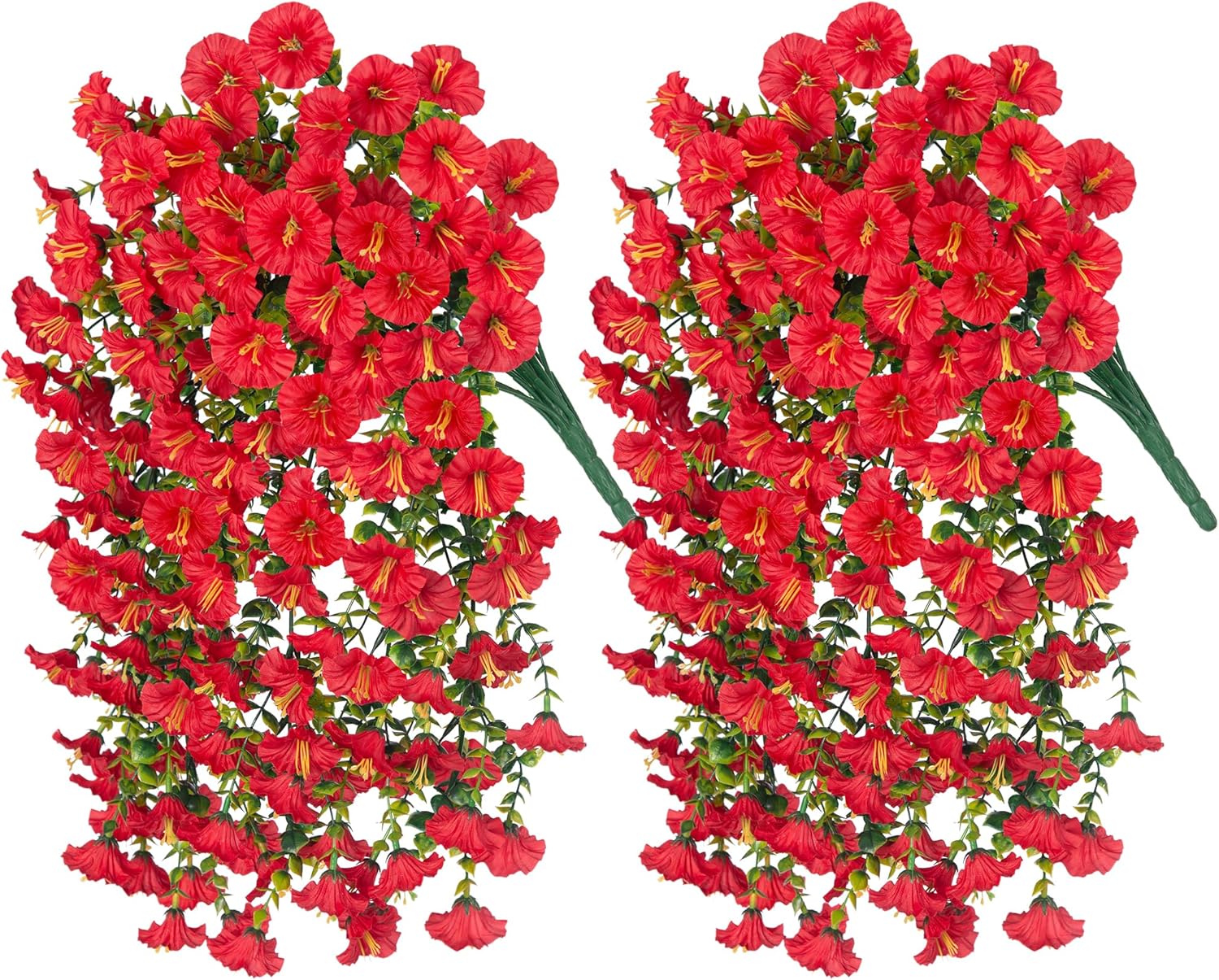 Artificial Faux Hanging Flowers Plants for Outdoor Decor,2 PCS Fake Silk Morning Glory with Eucalyptus Greenery UV Resistant Realistic Vines for Wall Home Porch Patio Balcony Yard Indoor Decor, Red - Image 6
