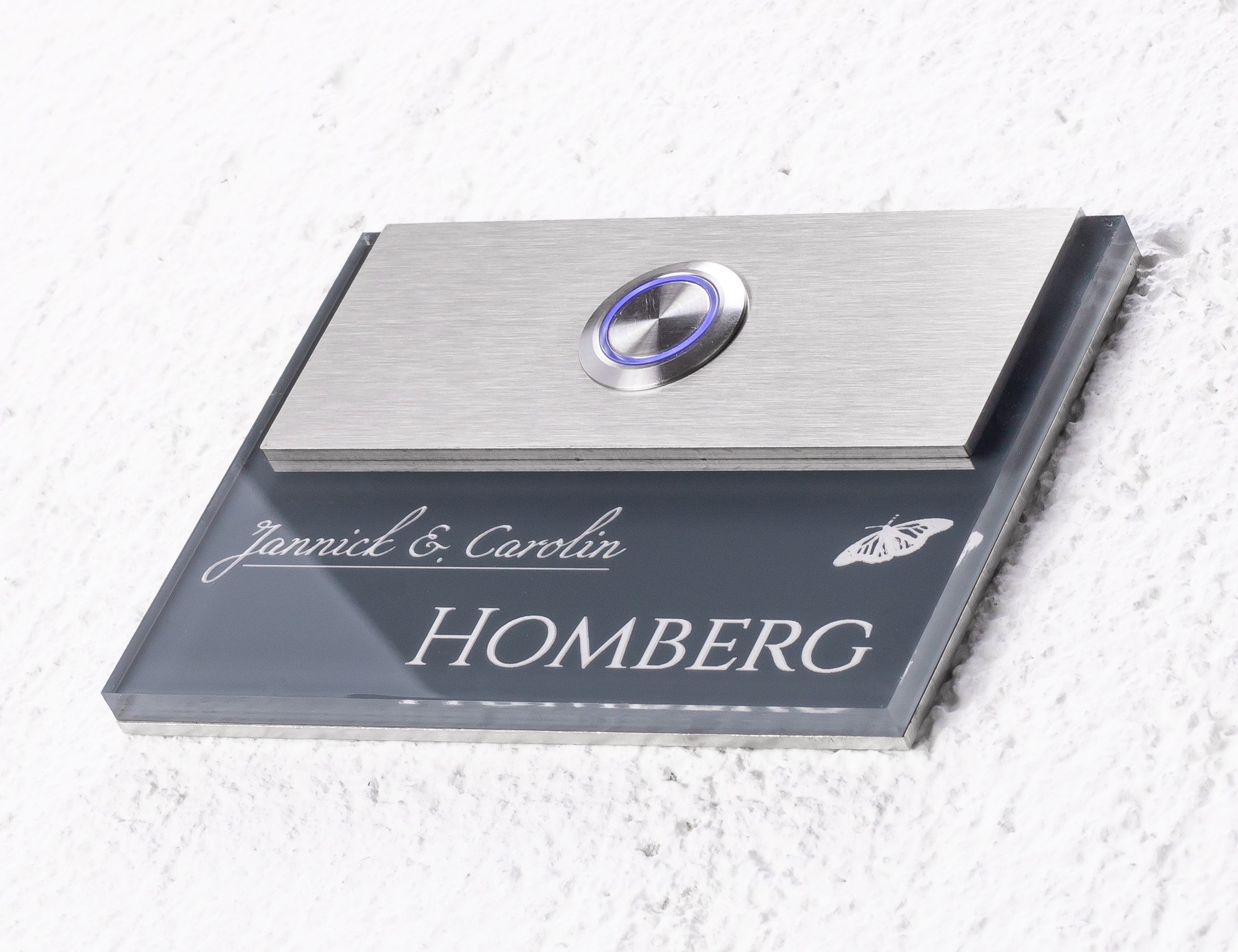 Designer Türklingel mit Gravur beleuchtetem Namensschild LED-Klingelknopf und über 100 Motive | Modell: Homberg-L | 11x8 cm Klingel-Taster Klingelschild Klingelplatte beschriftet | Beleuchtung