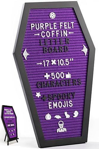 Coffin Letter Board Purple With Spooky Emojis +500 Characters, and Wooden Stand - 17x10.5 Inches - Gothic Halloween Decor Spooky Gifts Decorations - Purple