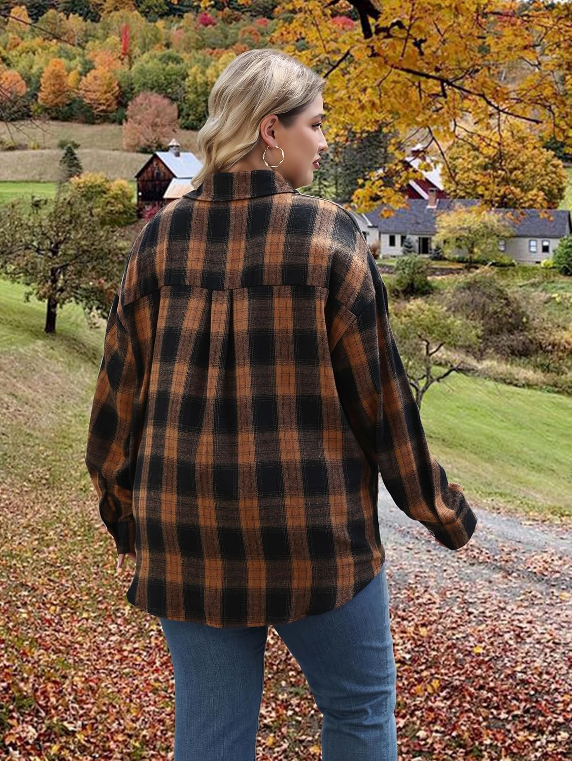 Womens Plus Size Buffalo Plaid Flannel Shirt Long Sleeve Collar Button Down Blouses Loose Lightweight Tops - Image 5