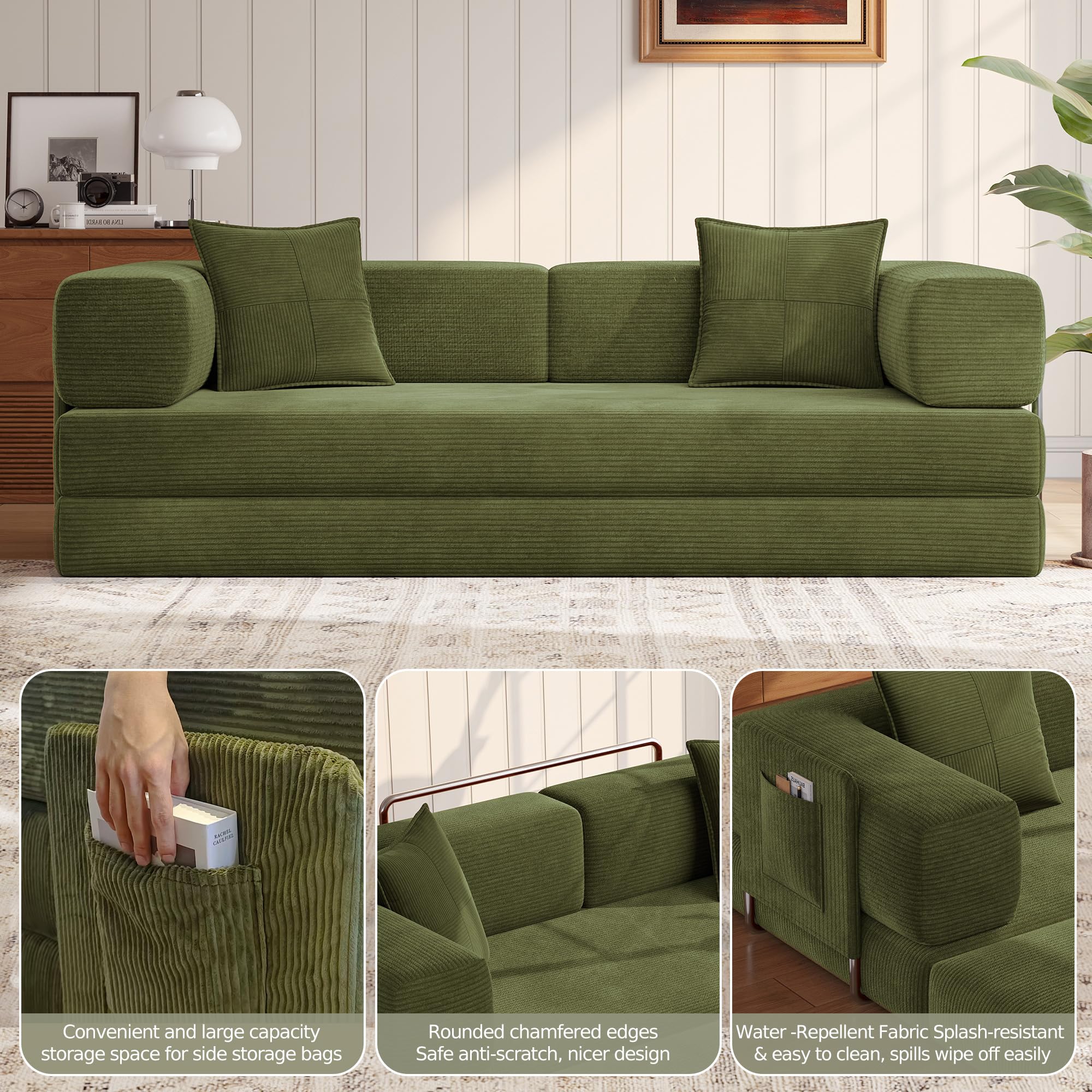MoonSpeak 78.8'' Futon Sofa Bed, Boneless Couches for Living Room | Corduroy Convertible Futon Sofa Bed with Storage Pocket, Modular Sleeper Couch in a Box, No Assembly (Green)