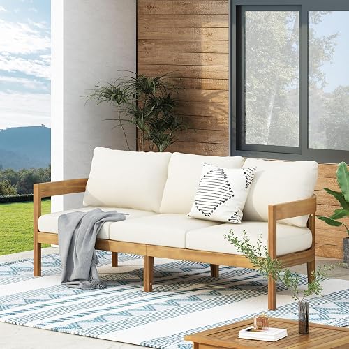 76.5 Inch Outdoor Acacia Wood 3-Seater Patio Sofa with Beige