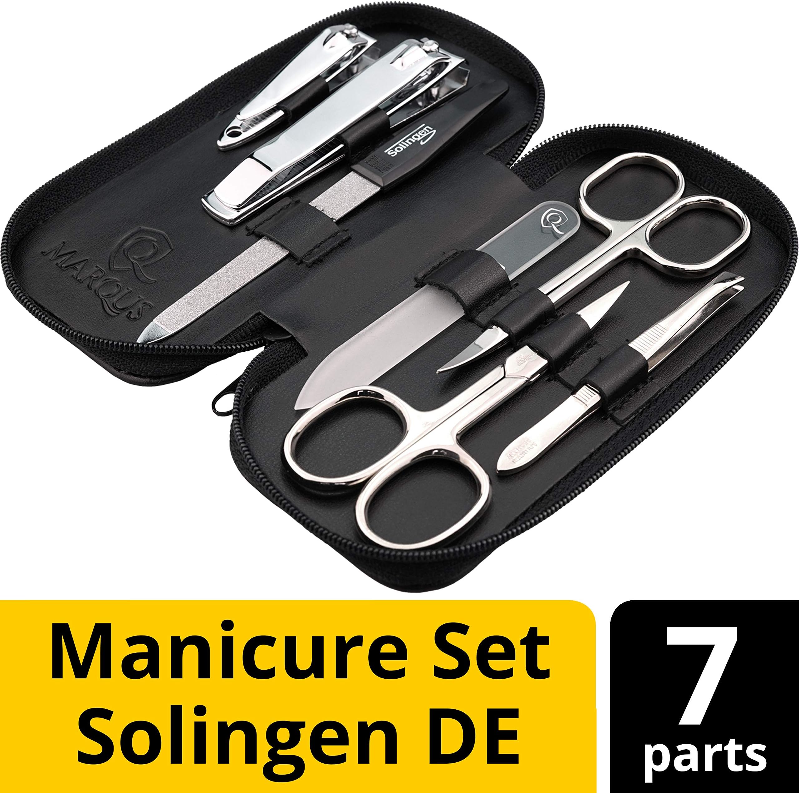 Manicure set made in Germany - 7 piece stainless steel exclusive finger & toe nail clipper set in real leather case, made in Solingen Germany