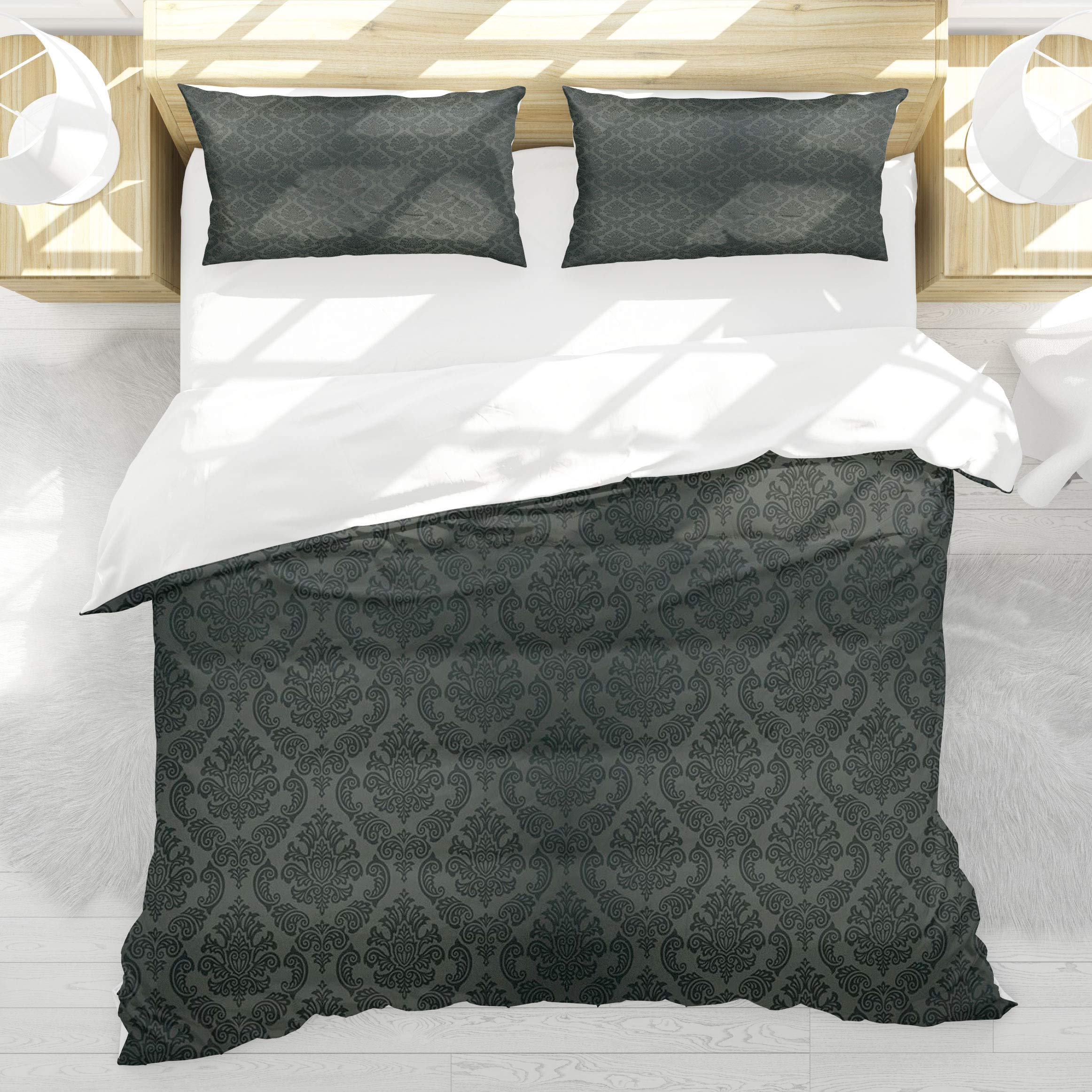 Housse de couette 140x200cm gris foncé damassés baroque avec 2 taies d'oreiller