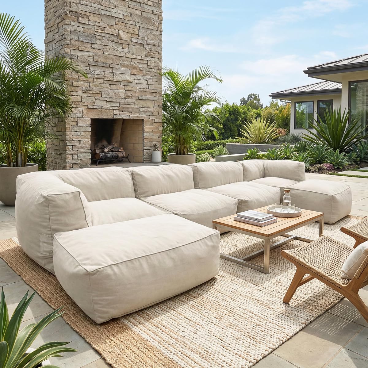 Christopher Knight Home Cyan 6 Pieces Outdoor Bean Bag Chair Sofa, Large Bean Bag Chairs for Adults, Indoor/Outdoor 4 Seater Modular Sectional Sofa with Chaise Lounge Chair Outdoor, Beige