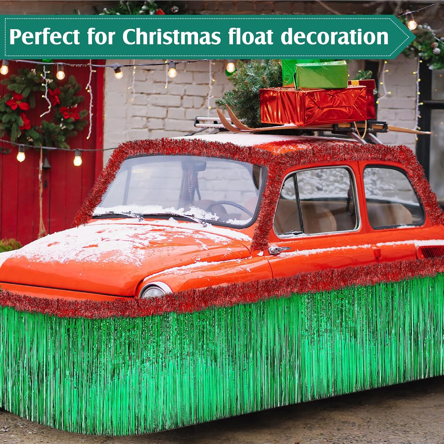 Crowye 20 Pcs Christmas Parade Float Decoration Kit Include 8pcs 9ft Foil Fringe Table Skirt, 12pcs 6.6ft Metallic Tinsel Garland for Trailer Car Float Supplies Decor(Green Table Skirt, Red Garland)