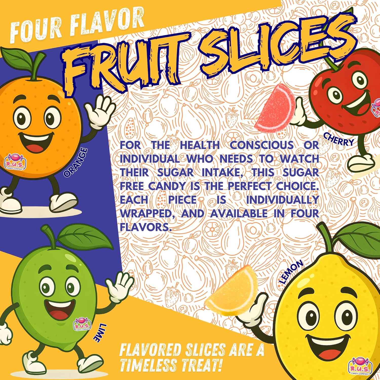 RUS Candy Company Sugar-Free Fruit Slices – 1 Lbs Bulk Bag | Classic Jelly Fruit Candy, Chewy Old-Fashioned Candy-Shop Favorites | Assorted Flavors, Guilt-Free Sweetness (1 Pound)