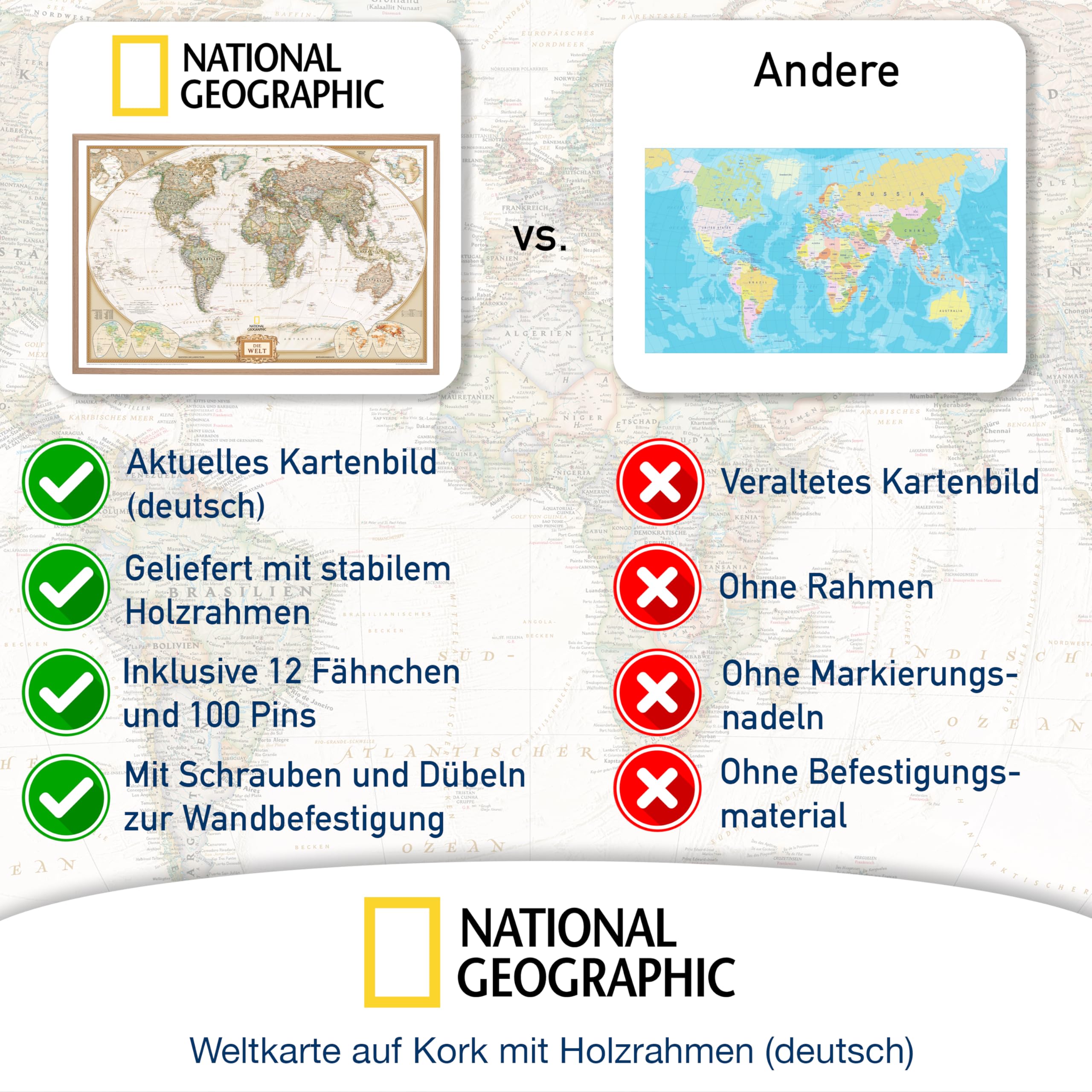 ORBIT Globes & Maps - Weltkarte mit Kartenbild von National Geographic - Pinnwand mit Holzrahmen, Aktuell 2025, 90x60 cm, deutsch, Maßstab 1:46 Mio mit Fähnchen und Pins sowie Befestigungsmaterial
