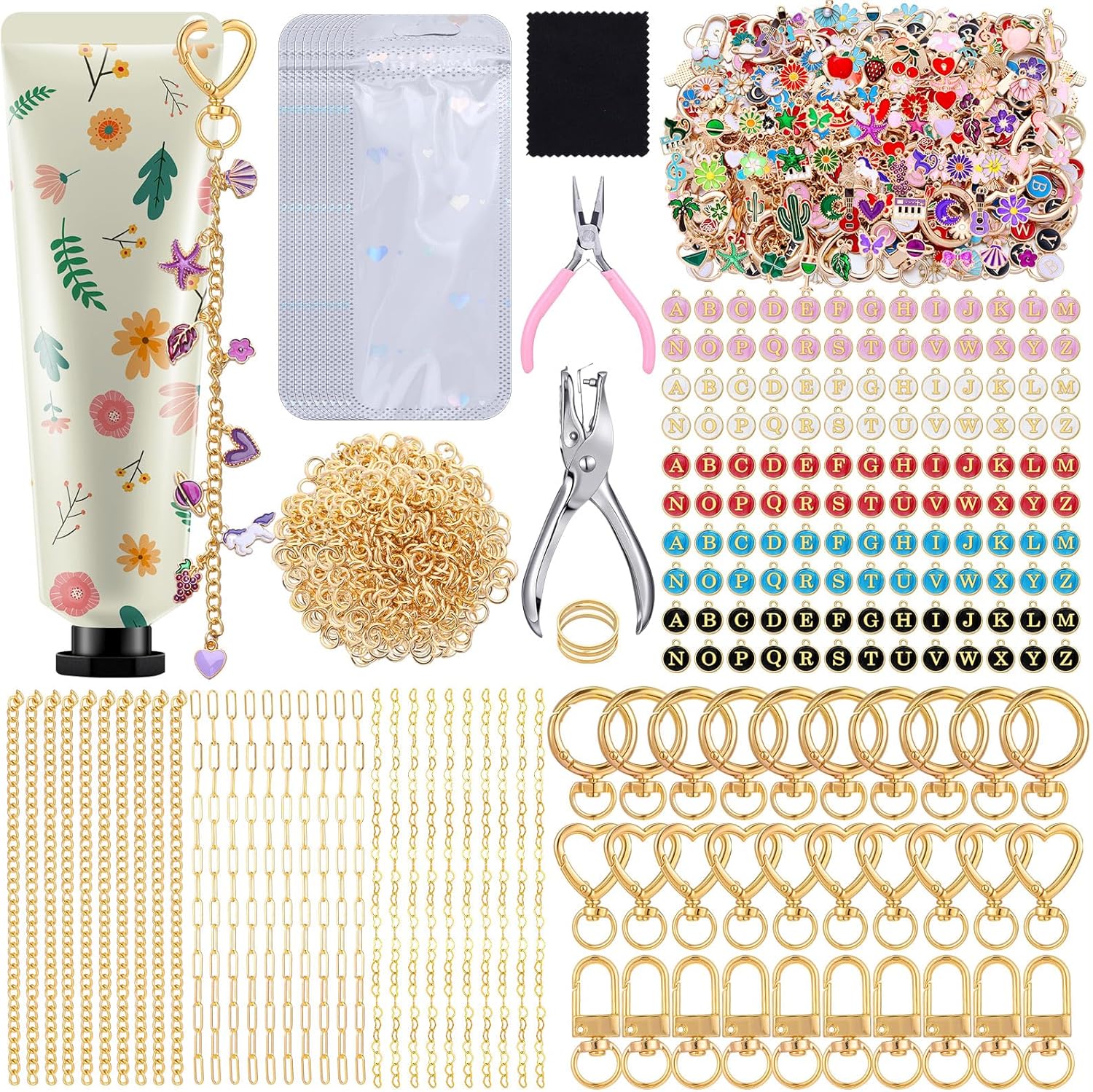 Tondiamo 562 Pcs Lip Gloss Keychain Making Kit with 250 Charms Jewelry Plier 24 Keychain Clips 230 Jump Ring 30 Charms Extender DIY Craft Supplies Bag for Women Beginners