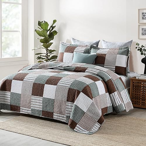 Miniatura 2 de Y-PLWOMEN Juego de edredón tamaño Queen, edredón 100% algodón Queen, juego de edredón de retazos a cuadros de retazos marrón, verde y blanco, colcha