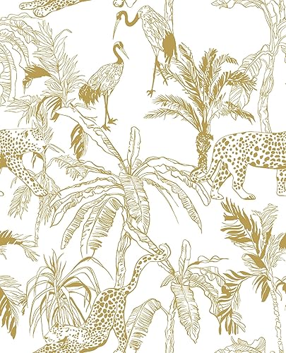 Papel tapiz autoadhesivo de bosque de 197 x 17.3 pulgadas, papel de contacto blanco y dorado, papel tapiz tropical para dormitorio, impermeable,