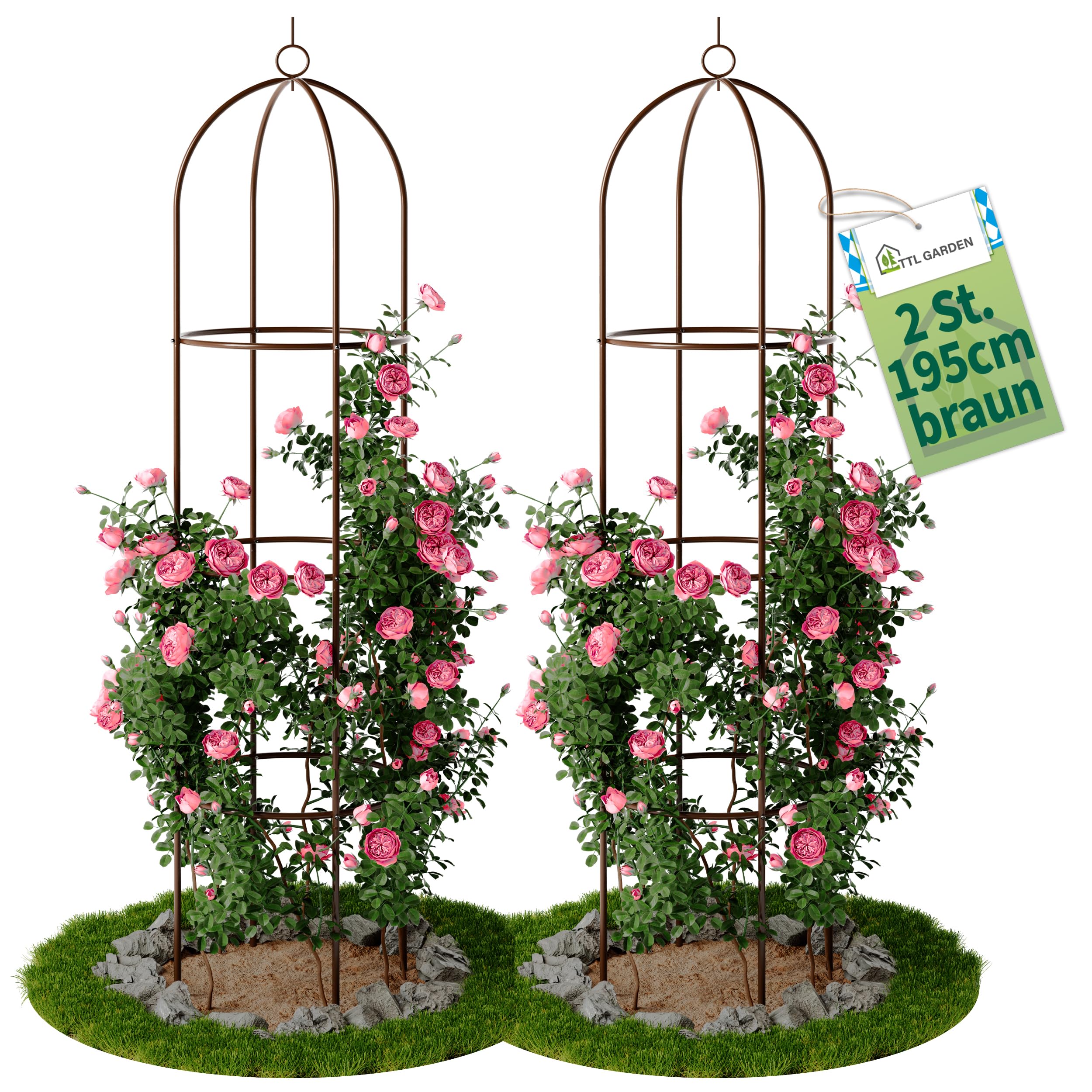 TTL Garden Obelisk - Set di 2 rampe di supporto XL 195 x 40 cm, colore: marrone, in metallo, acciaio inossidabile, per rampicanti, rose, clematidi, acciaio verniciato a polvere, altezza 195 cm,