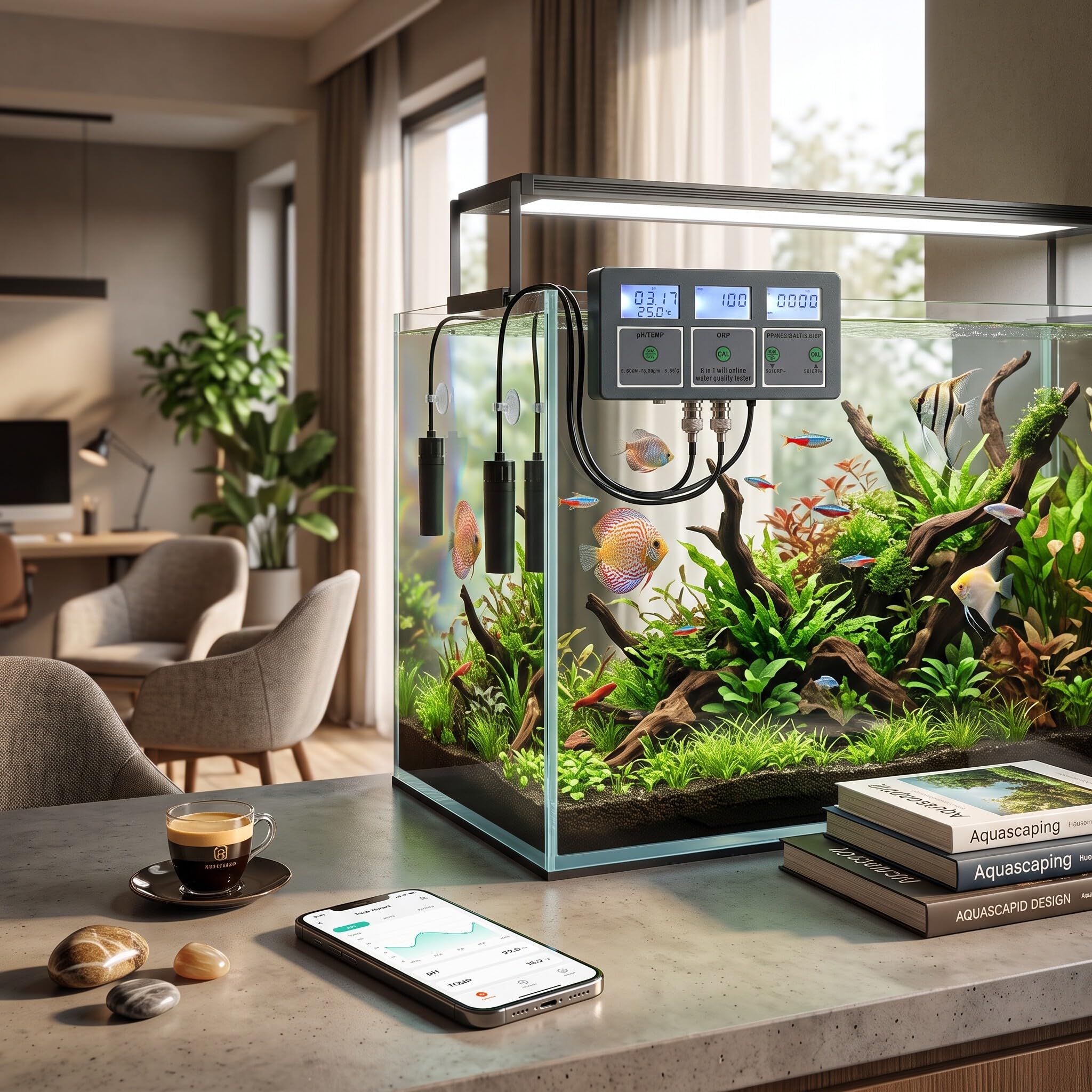 Testeur de qualité de L'eau en Ligne 8 en 1 PH EC SALT ORP TDS CF TEMP pour Aquariums, Culture Hydroponique, Laboratoires, Spas, Piscines, avec Surveillance à Distance et (Prise