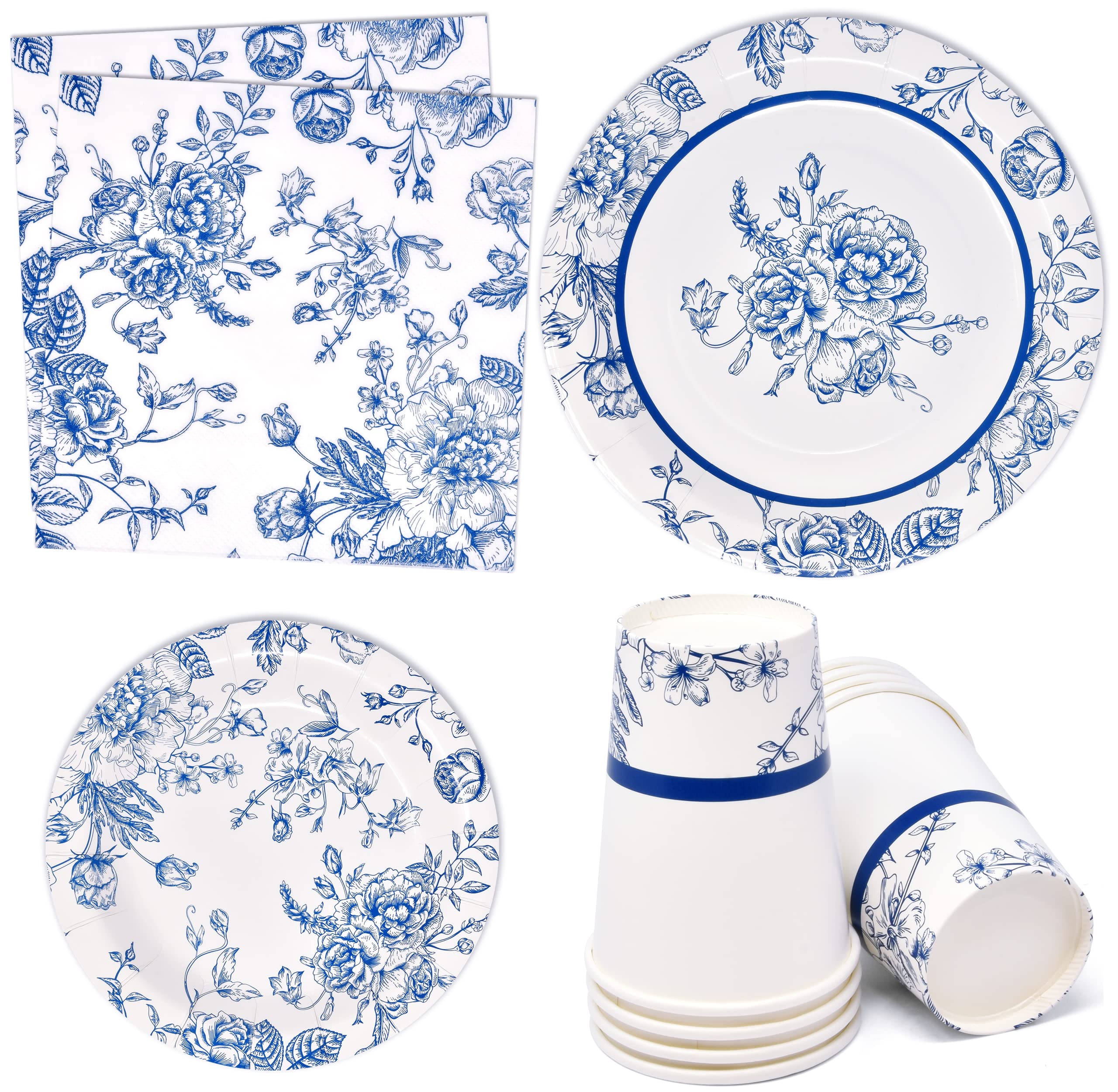 Amazon.com: 96 Pcs Floral Blue & White Party Supplies Paper Plate Cup ...