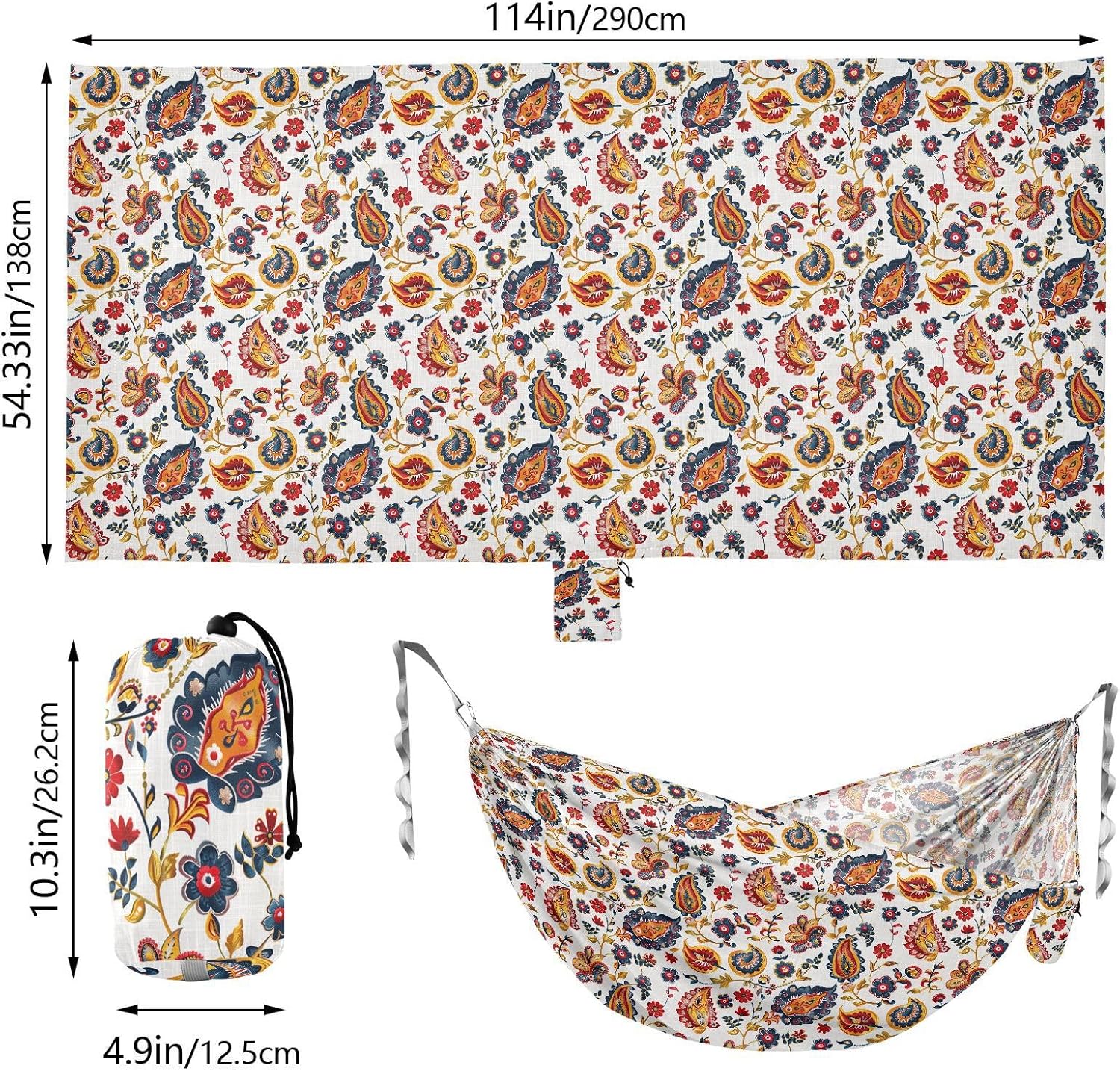 ALAZA Paisley Embroidery Ikat Floral Camping Hammocks Single or 2 Person 500 lbs Portable Parachute Travel Hammock w/Tree Straps for Hiking Backpacking Indoor Outdoor