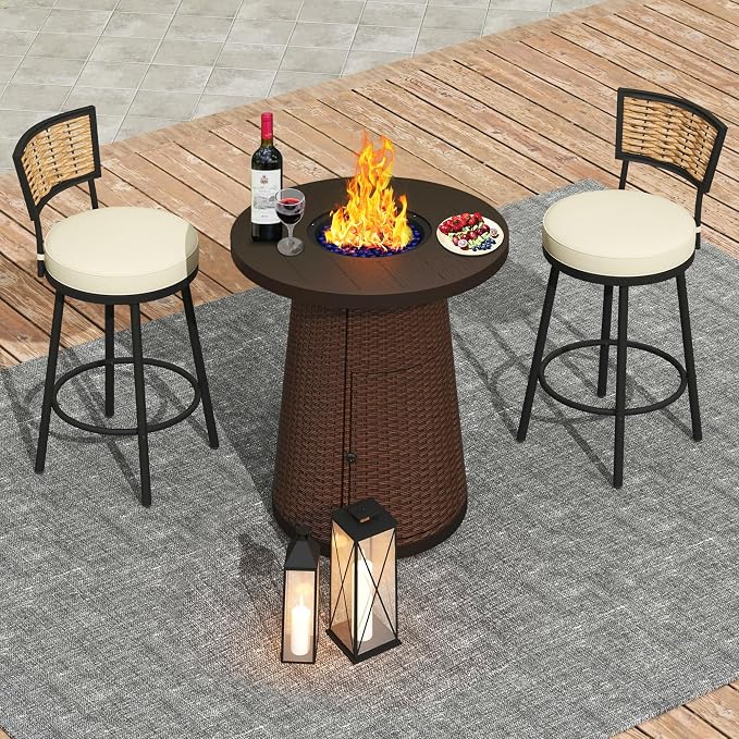 3-Piece Patio Swivel Bar Set with 37" Height Propane Round Firepit Table and High Swivel Stools Chair Set of 2, Outdoor High Top Bistro Set for Poolside, Garden, Balcony(Brown)