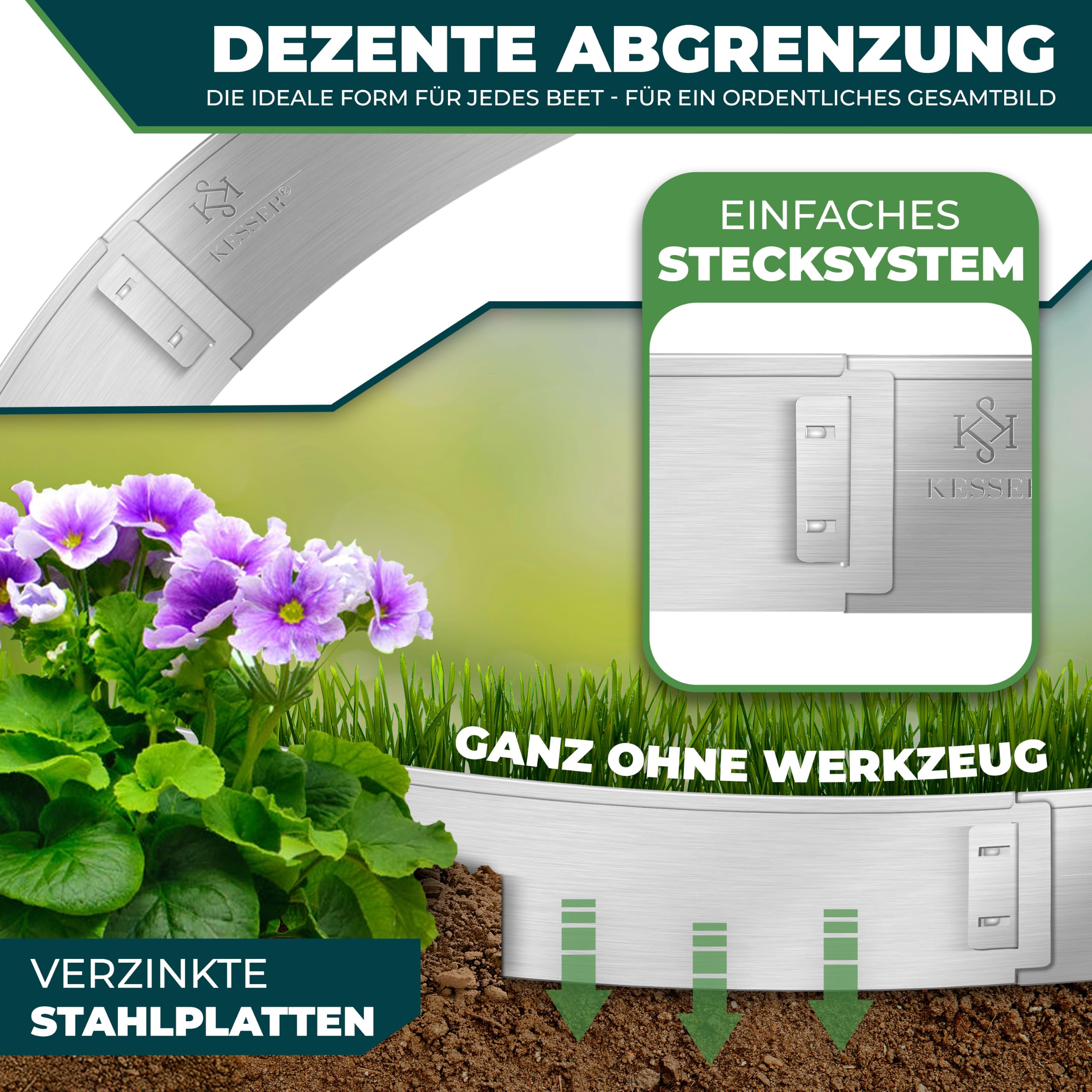 KESSER® Rasenkante Beeteinfassung Beetumrandung 5m 100x14cm Beetbegrenzung Rasenbleche Mähkante Metall Palisade Silber