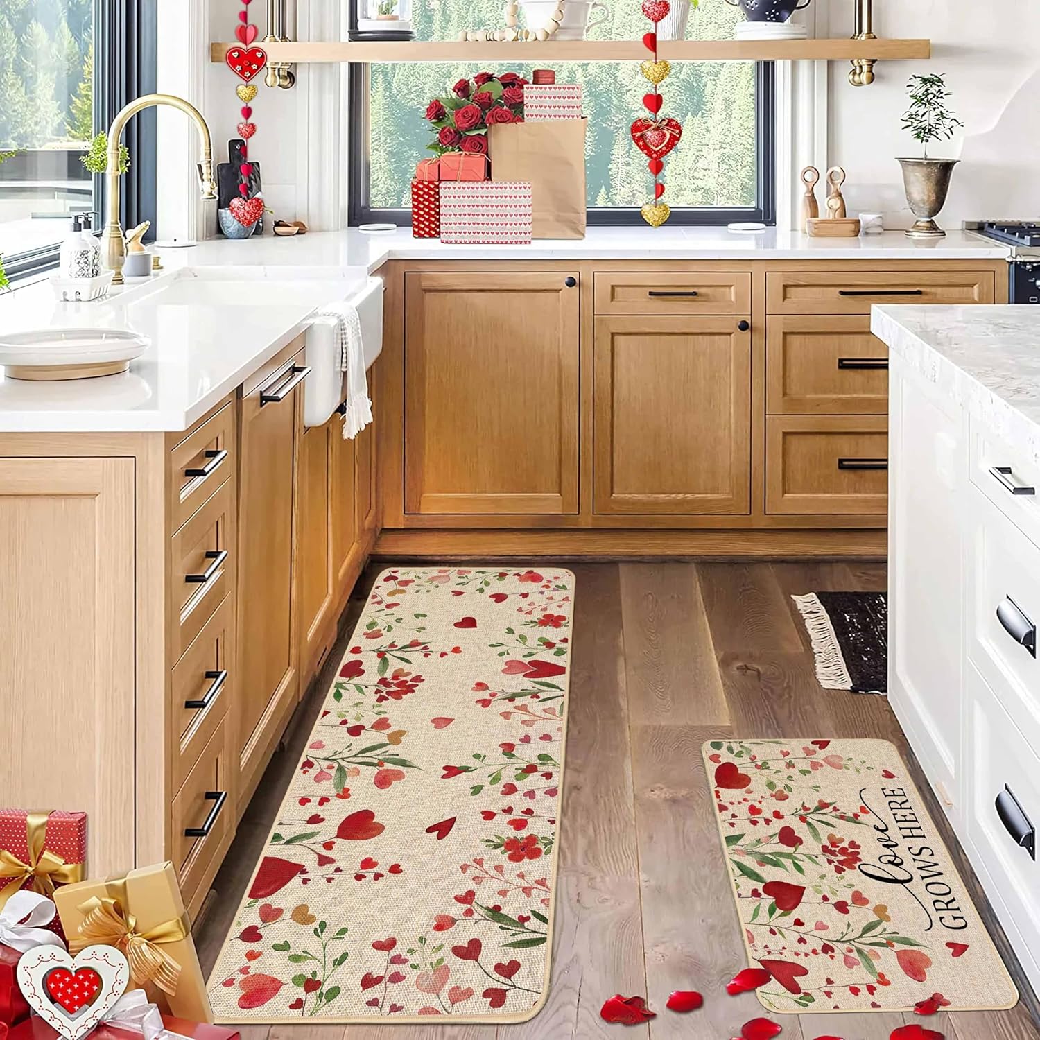 Baccessor Valentines Day Kitchen Mats Set of 2, Floral Leaf Red Love Heart Kitchen Rugs Romantic Kitchen Mats for Floor Non Slip Anniversary Wedding Party Home Decor 17x29 and 17x47 Inch