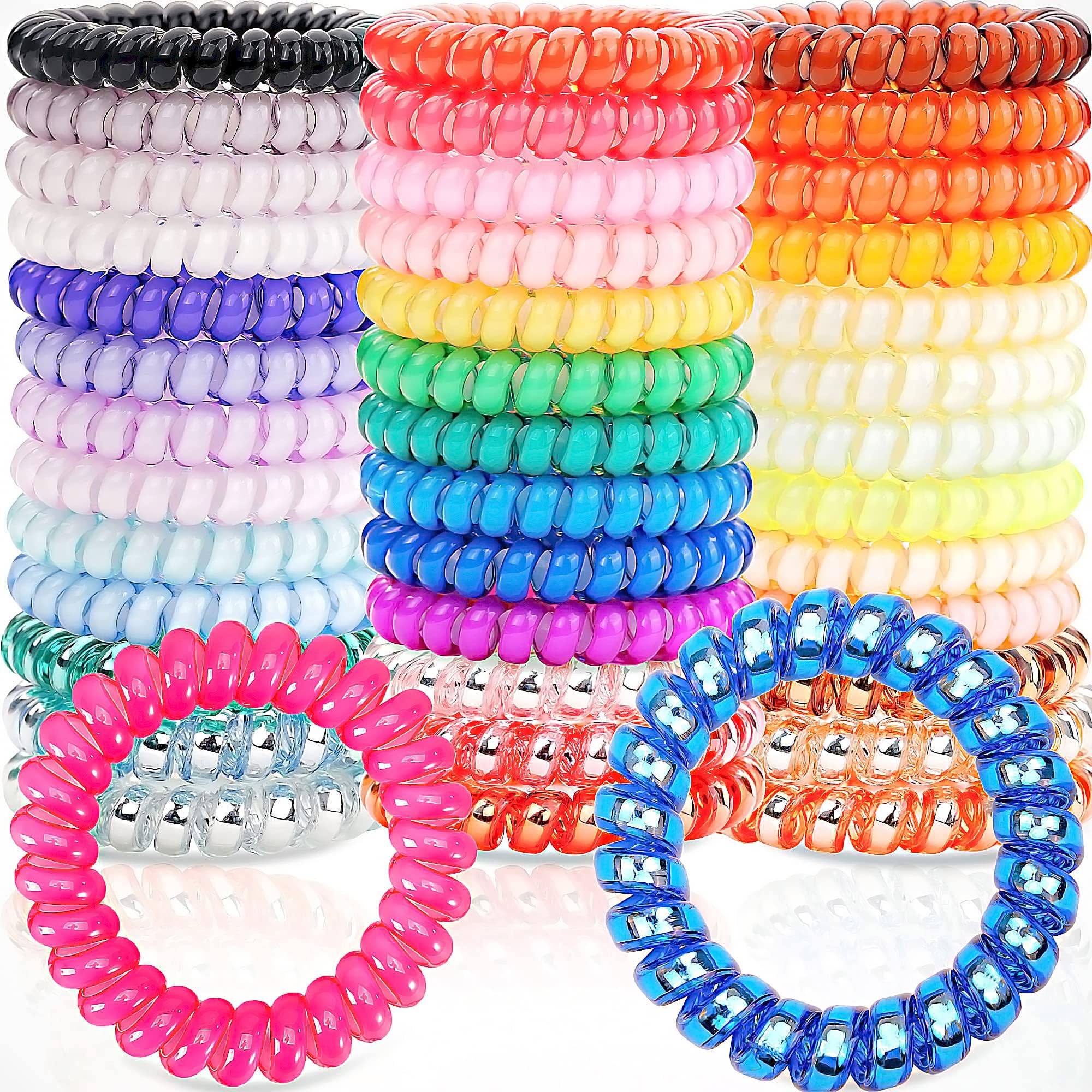 JOYOYO 40 Pack Spiral Hair Ties,Coil Hair Bands Waterproof Hair Accessories for Women Girls,Phone Cord Ponytail Holders Hair Coils Elastics for Girls Kids Teens All Hair Type