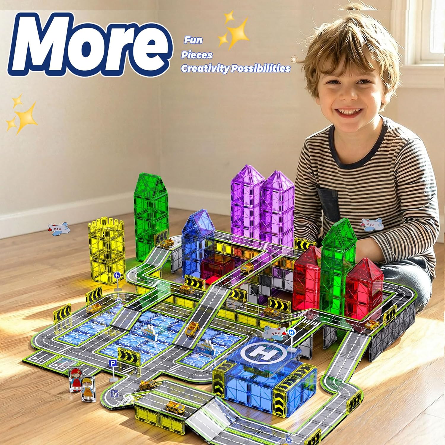 Magnetic Tiles,121PCS Magnet Tiles Road Set with Pullback Cars for 3+ year old Boys,Magnetic Toys for Kids Ages 4-8 with Ship,Airplane,Traffic Sign,STEM Classroom Educational Birthday Gifts Toys