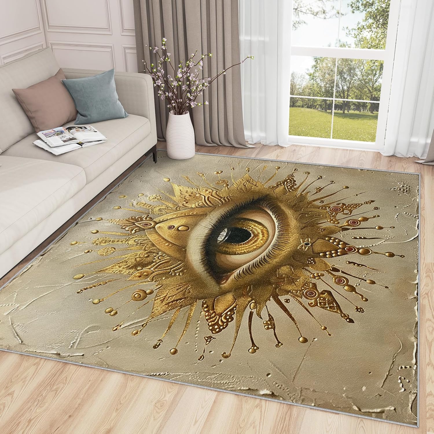 Mandala Rug Small - 2x3 Rug, Golden Eye Area Rug, Boho Spiritual Washable Non Slip Soft Rugs, Hippie Aesthetic Carpet, Luxury Gold Home Decor, Mandala Gifts for Women