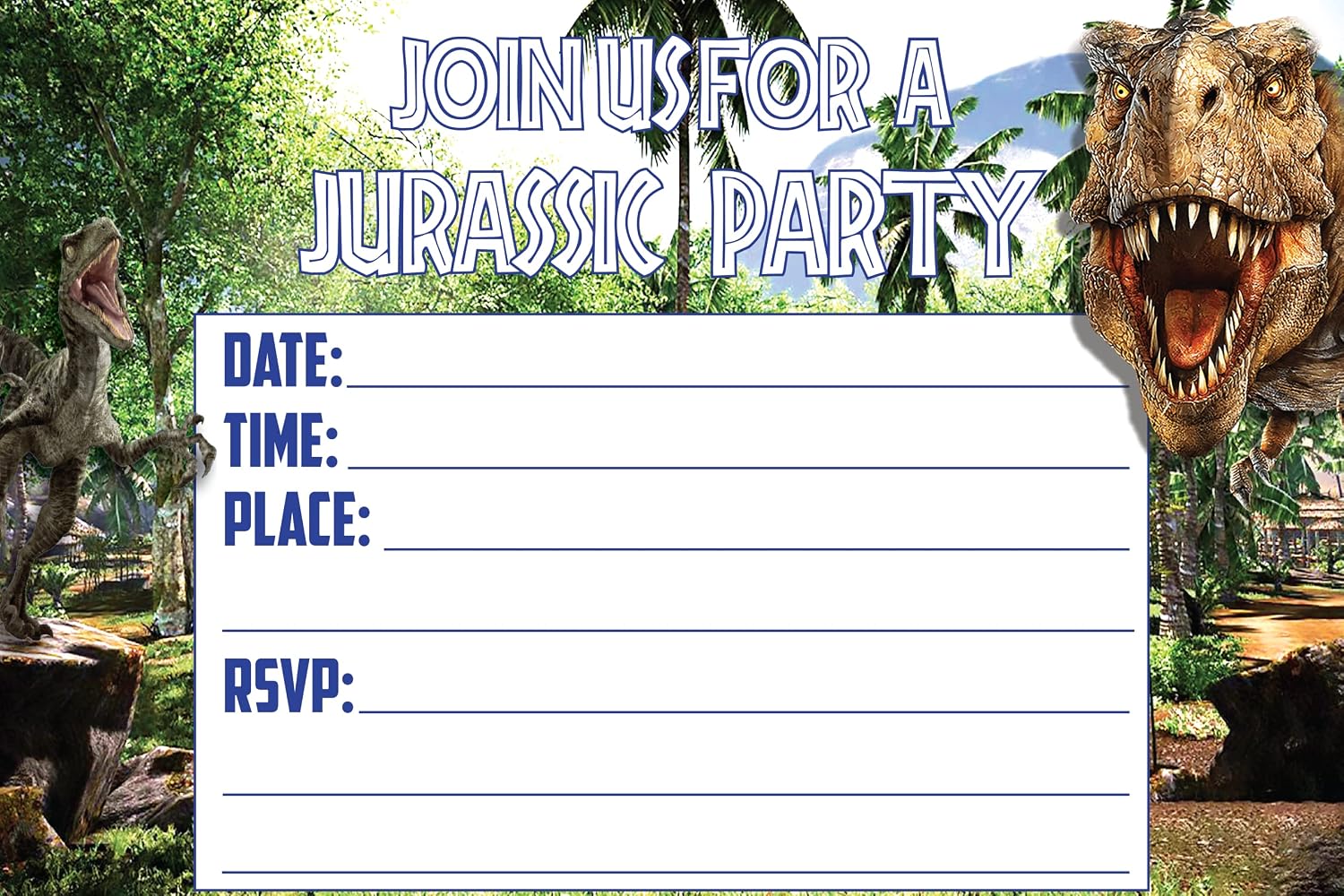Set of 20 Dinosaur Adventure Happy Birthday Invitation Cards & Envelopes – Lightweight (240g), Postcard Style Invites for the Perfect Party Pack