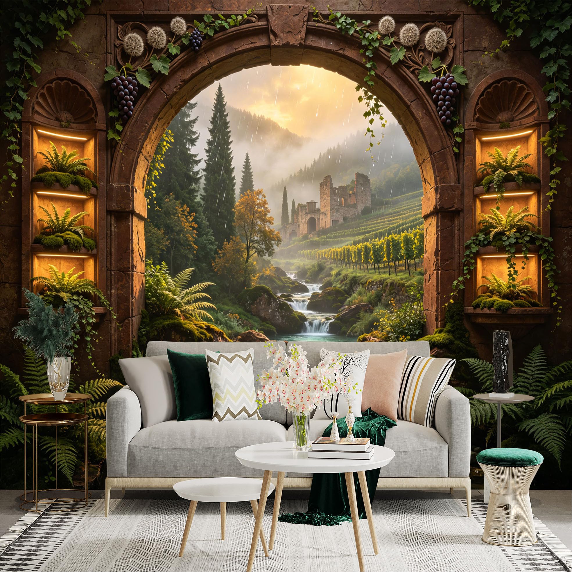 Custom Size Wall Sticker Mural， Ancient Stone Archway with Waterfall， Forest and Old Castle， for wall Decoration， peelandstick wall Decals.