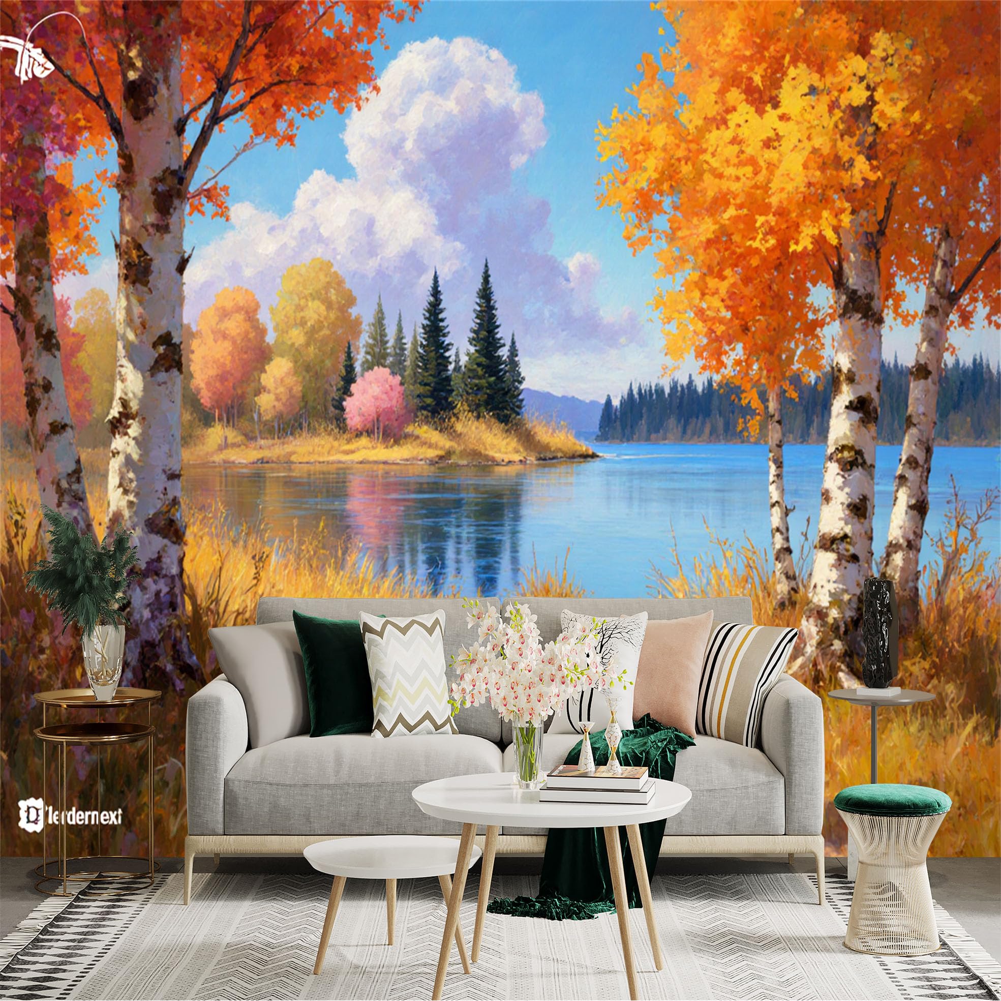 Custom Size Wall Sticker Mural， Autumn Birch Forest by the Lake， Golden Foliage Landscape， Scenic Calm Nature View， for wall Decoration， peelandstick wall Decals.