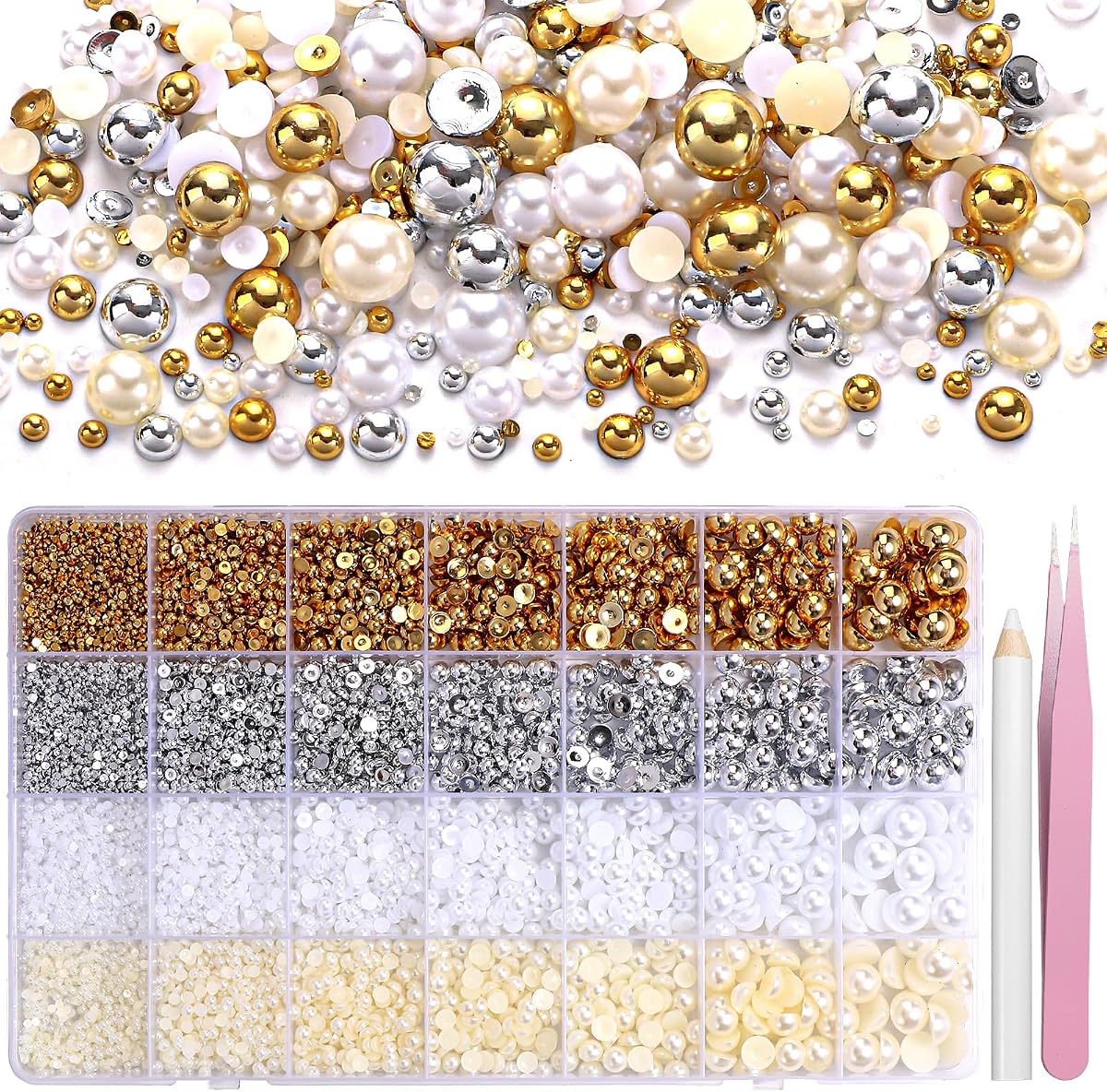 20000Pcs Gold Silver White Half Pearls for Crafting, Pearl for Nails | Flatback Pearls, 6 Sizes ABS Pearl Beads Gems for Nails Art DIY Crafts Embellishment Shoes Clothes Bags DIY Making