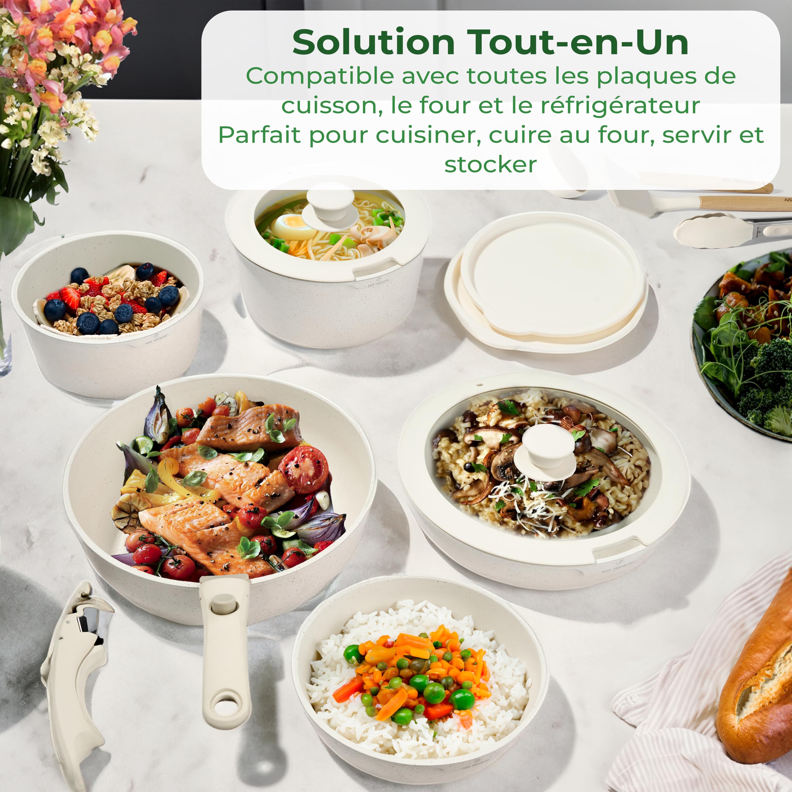 Just Perfecto Batterie de Cuisine 18 Pièces Manche Amovible JL-996, Beige | revêtement antiadhésif sans PFOA, manche amovible, compatible tous feux dont induction, empilable