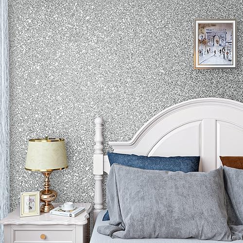 Vista 5 de VaryPaper Papel tapiz plateado con purpurina gruesa de 15.7 x 315 pulgadas, papel de contacto plateado, autoadhesivo, extraíble, con lentejuelas