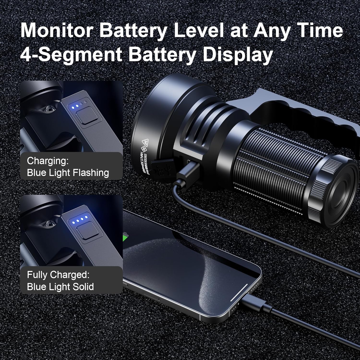 SuperFire Rechargeable Spotlight Flashlight, 6000 Lumens Super Bright High Powered Flashlight with 1969ft Beam, 12-Hour Runtime & USB-C Charging for Outdoor Camping, Emergency, Car Repair and Security