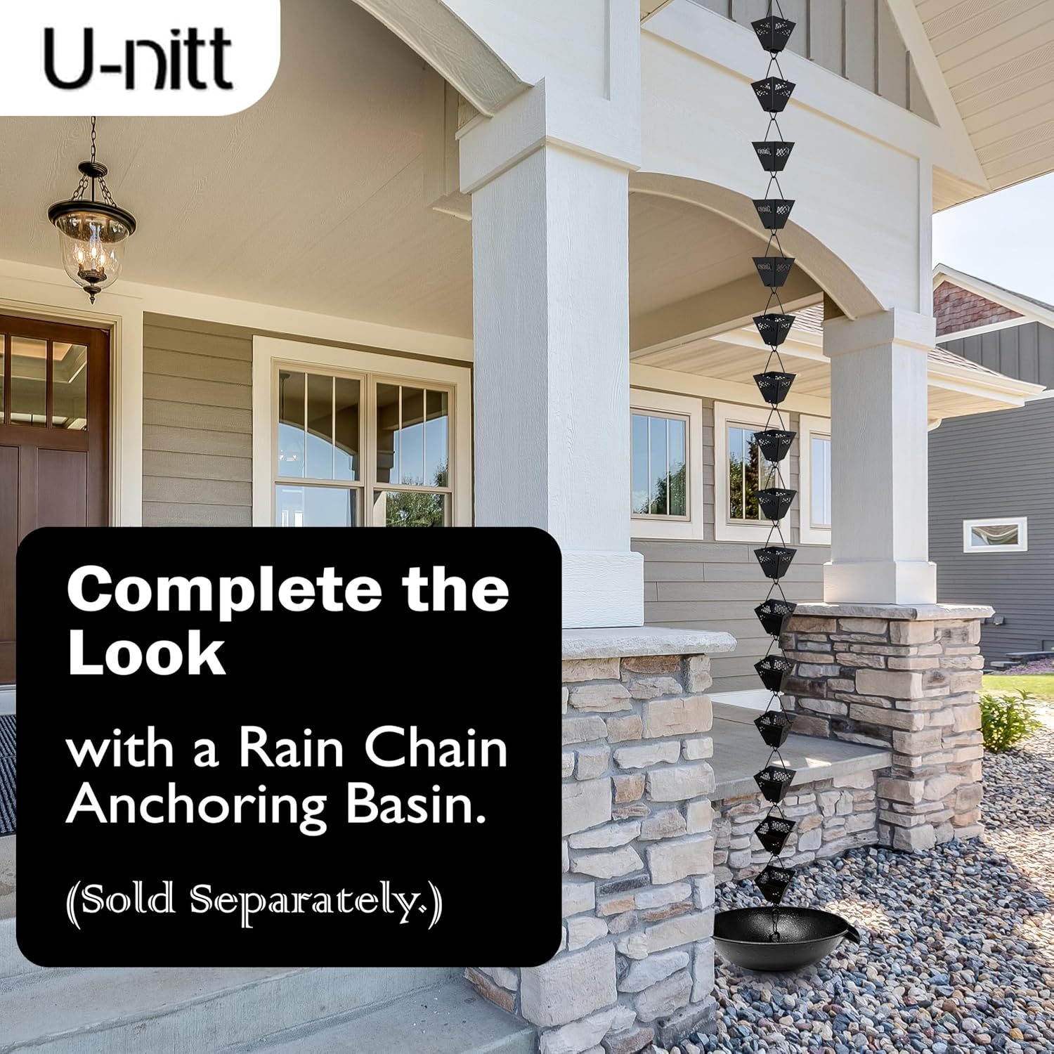 U-nitt Rain Chain Water Collection for Gutters Rainwater Catcher & Diverter, 8.5 FT Chains for Outside Garden, Black Square Cups, Roof Downspout, Works with Heavy Rain, w/Gutter Clip for Rainchains