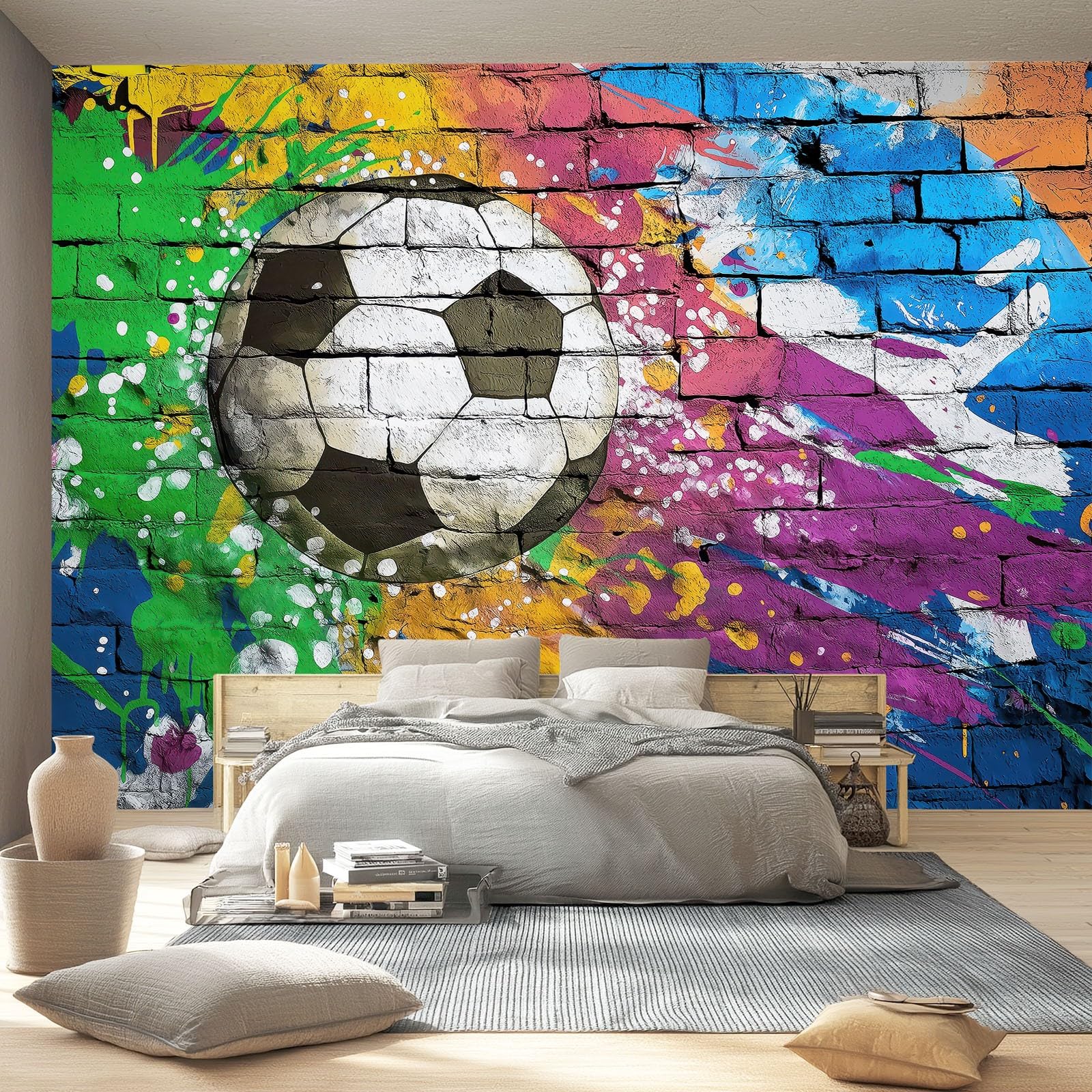 Fototapeta 400 x 280 cm, tapeta sportowa, sztuka uliczna, malowana ściana z cegły i piłka nożna, dekoracja ścienna, tapeta ścienna, do pokoju zabaw