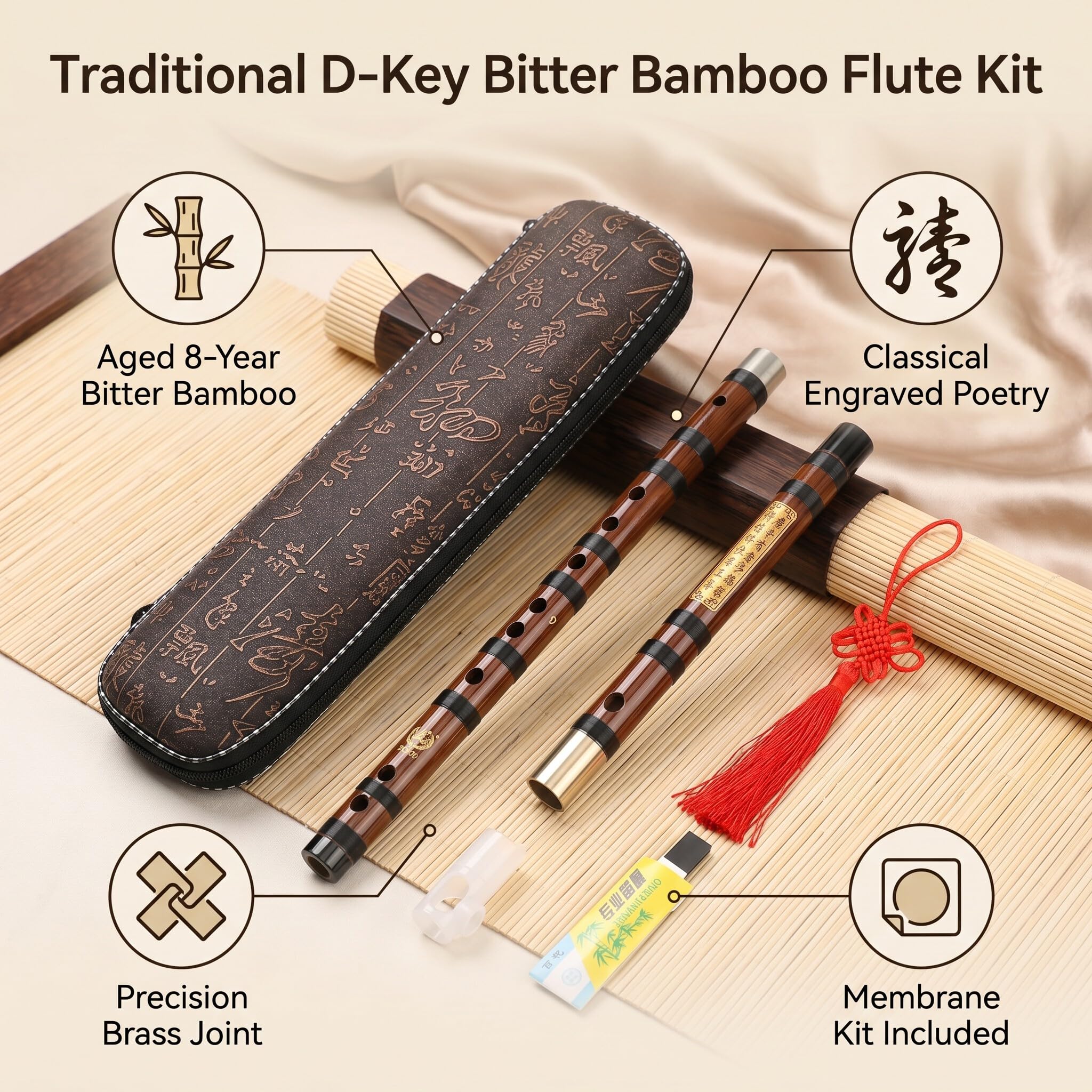 Flûte en Bambou Eujgoov, D-Key Flûte en Bambou Amère Dizi Instrument Chinois Traditionnel avec étui de Transport pour Débutants