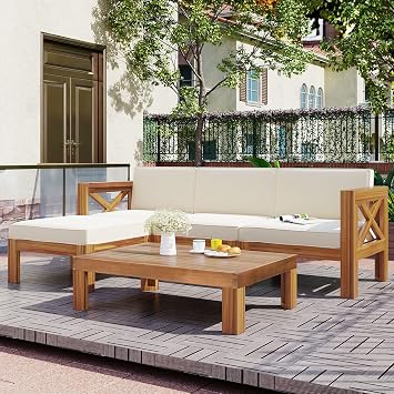 5 Pcs Patio Furniture Sets, All-Weather Outdoor Sectional Acacia Wood Armchairs and Wood Coffee Table, Natural Finish Chair Set Beige Cushion Patio Conversation Sets Outdoor Patio Set