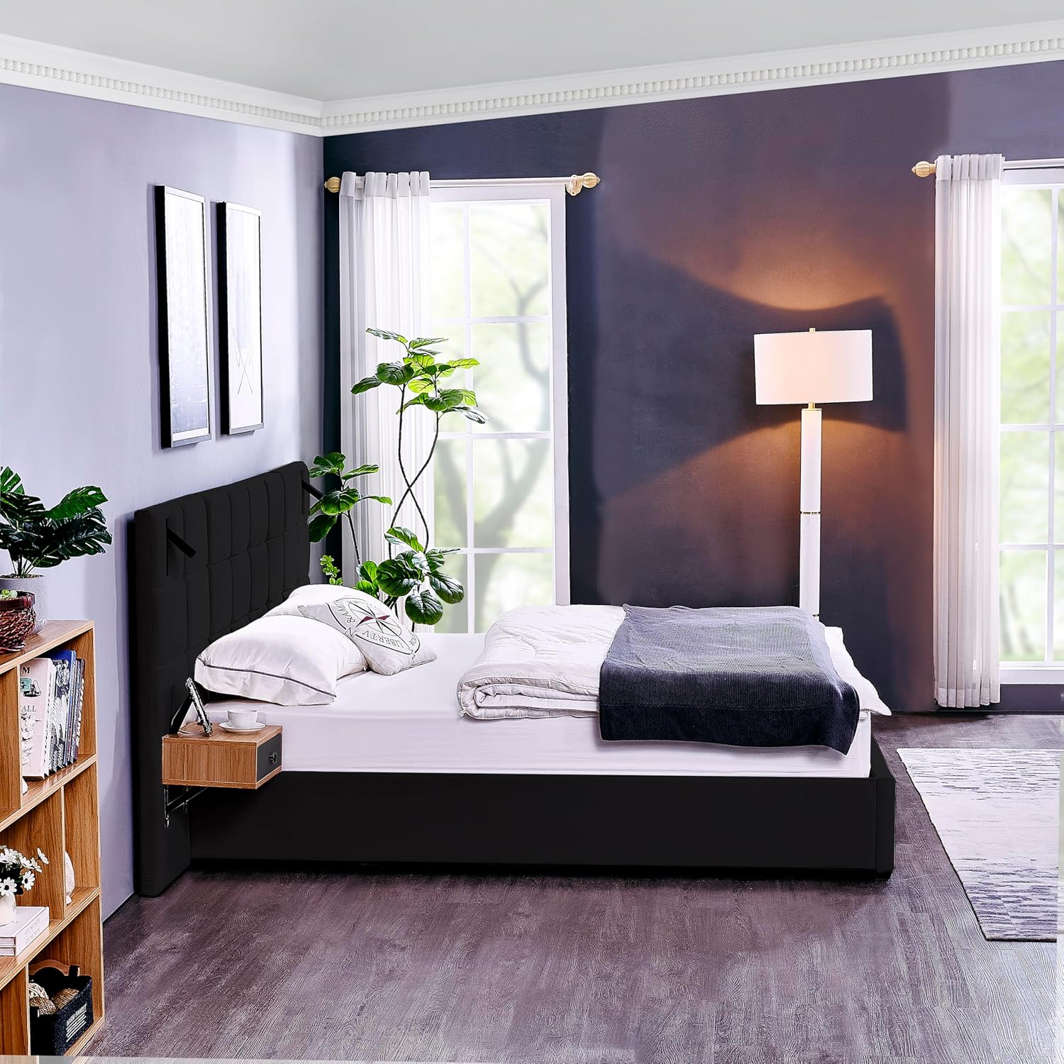 Ball & Cast King Size Velvet Lift Up Storage Bed Frame with with 2 Shelves, 2 Reading Lamps and USB Port, Hydrualic Underneath Storage,Upholstered Platform Bed,No Box Spring Needed,Black