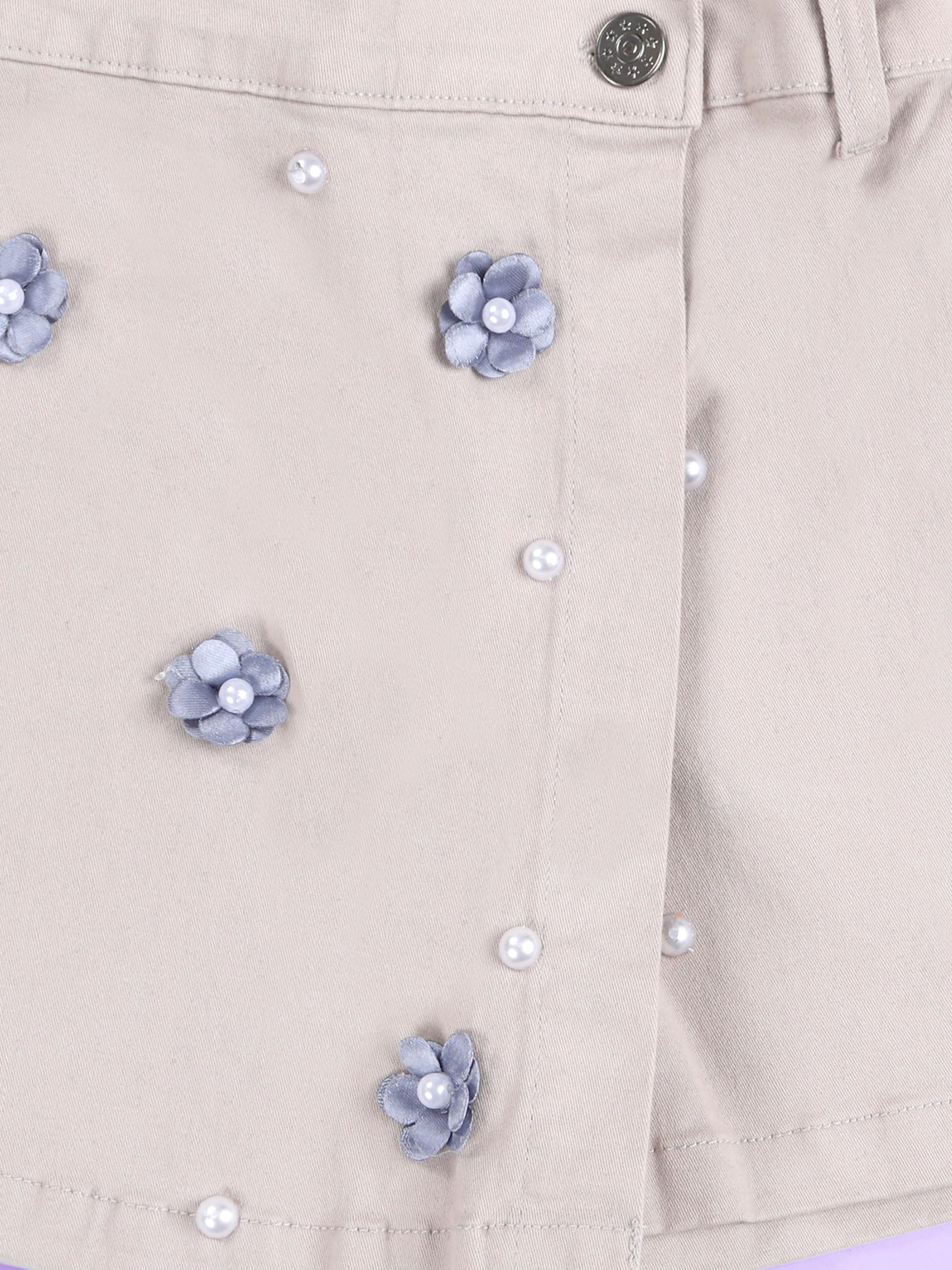 KiddoPanti Girls Cotton Over Lap Skort with Flowers and Pearls, Grey with Flowers - 4-6Y 3