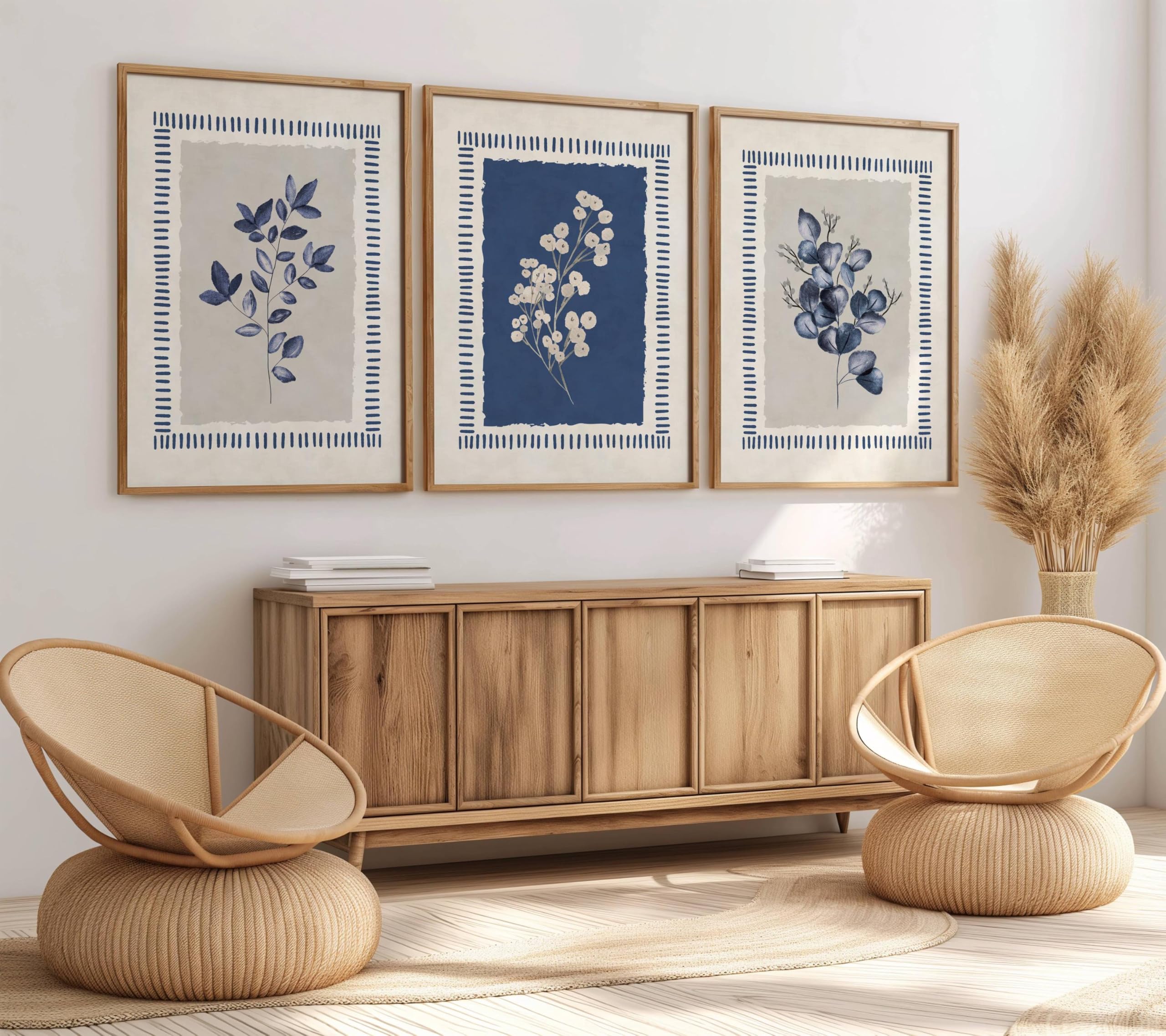 AMOSIJOY Navy Blue Botanical Wall Art Set of 3, Indigo Watercolour Leaf Prints, Minimalist Plant Artwork Posters, Scandinavian Home Decor for Living Room Bedroom Office, Unframed (50×70cm)
