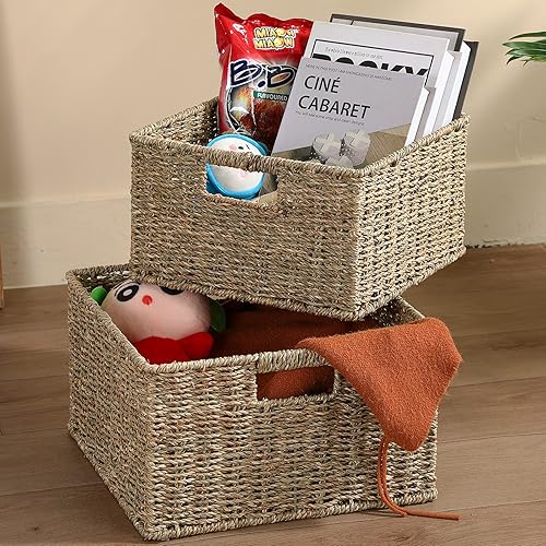 Vista 75 de HOONEX Cestas de almacenamiento de jacinto de agua, cestas de mimbre para organizar, cestas tejidas a mano con asas de transporte, juego de 2