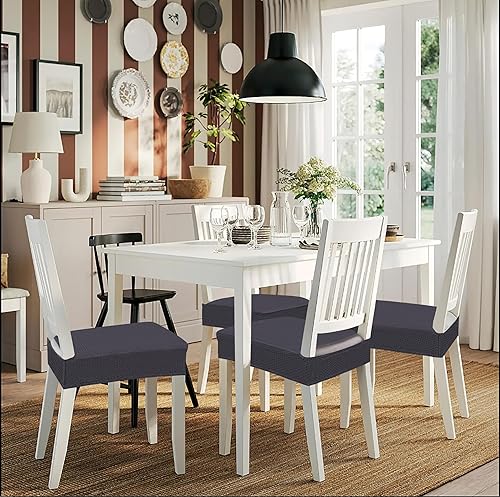Miniatura 7 de smiry Stretch Jacquard Seat Covers for Dining Room Chairs Set of 6, Removable Washable Chair Seat Protector Slipcovers, No Rear Covers, Dark Grey