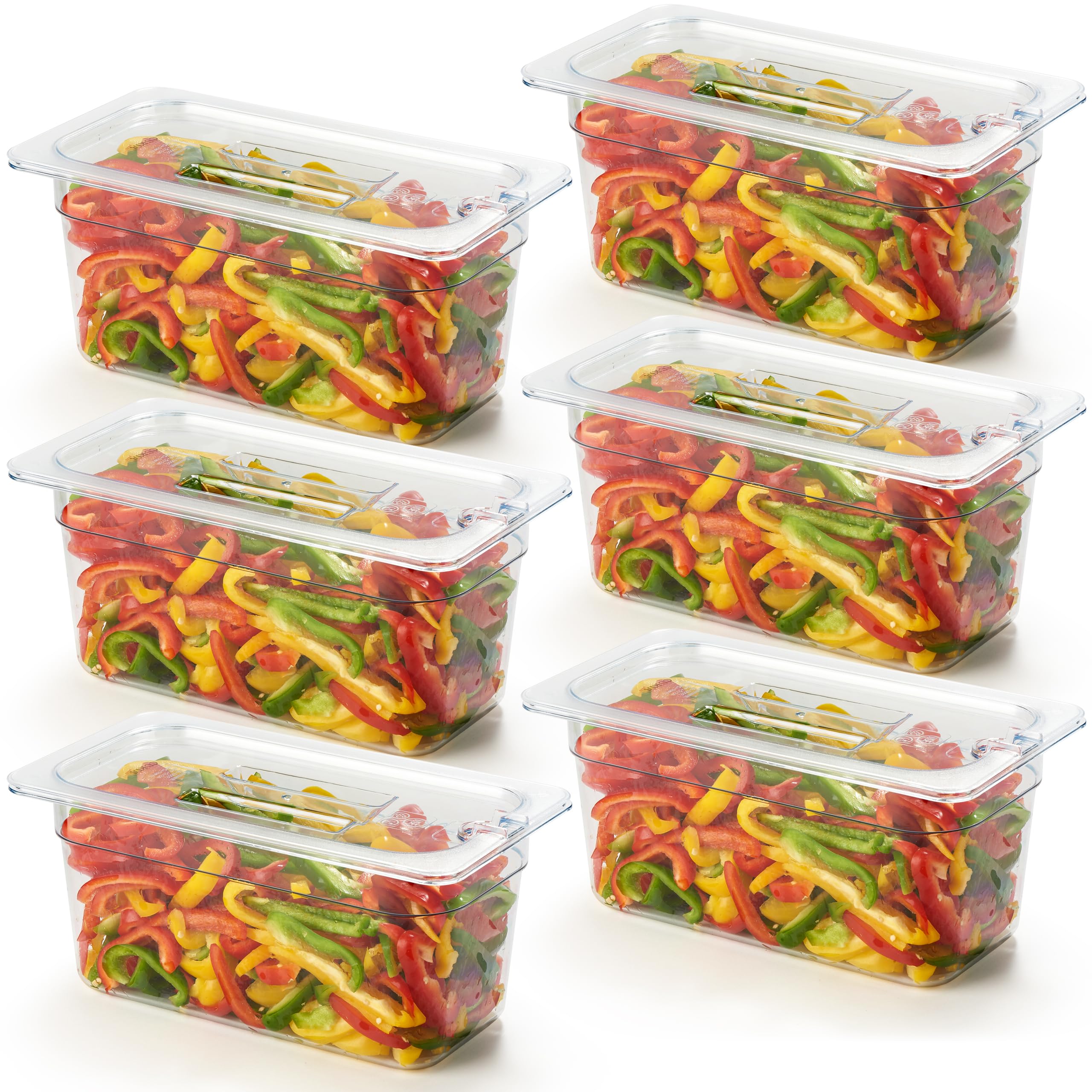 CURTA Confezione da 6 teglie per alimenti in policarbonato NSF da 1,3 cm, con coperchio dentellato e vassoio di scarico, lavabili in lavastoviglie e freezer, contenitori trasparenti per tavoli da